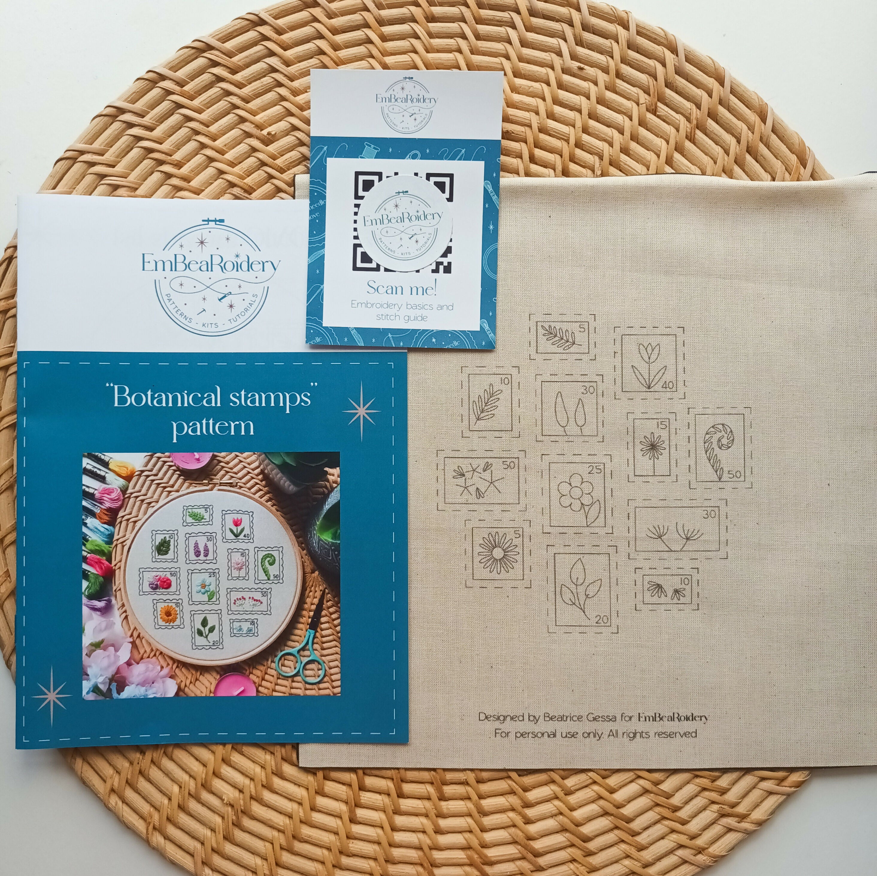 Preprinted Embroidery Pattern For Beginners - Botanical Stamps