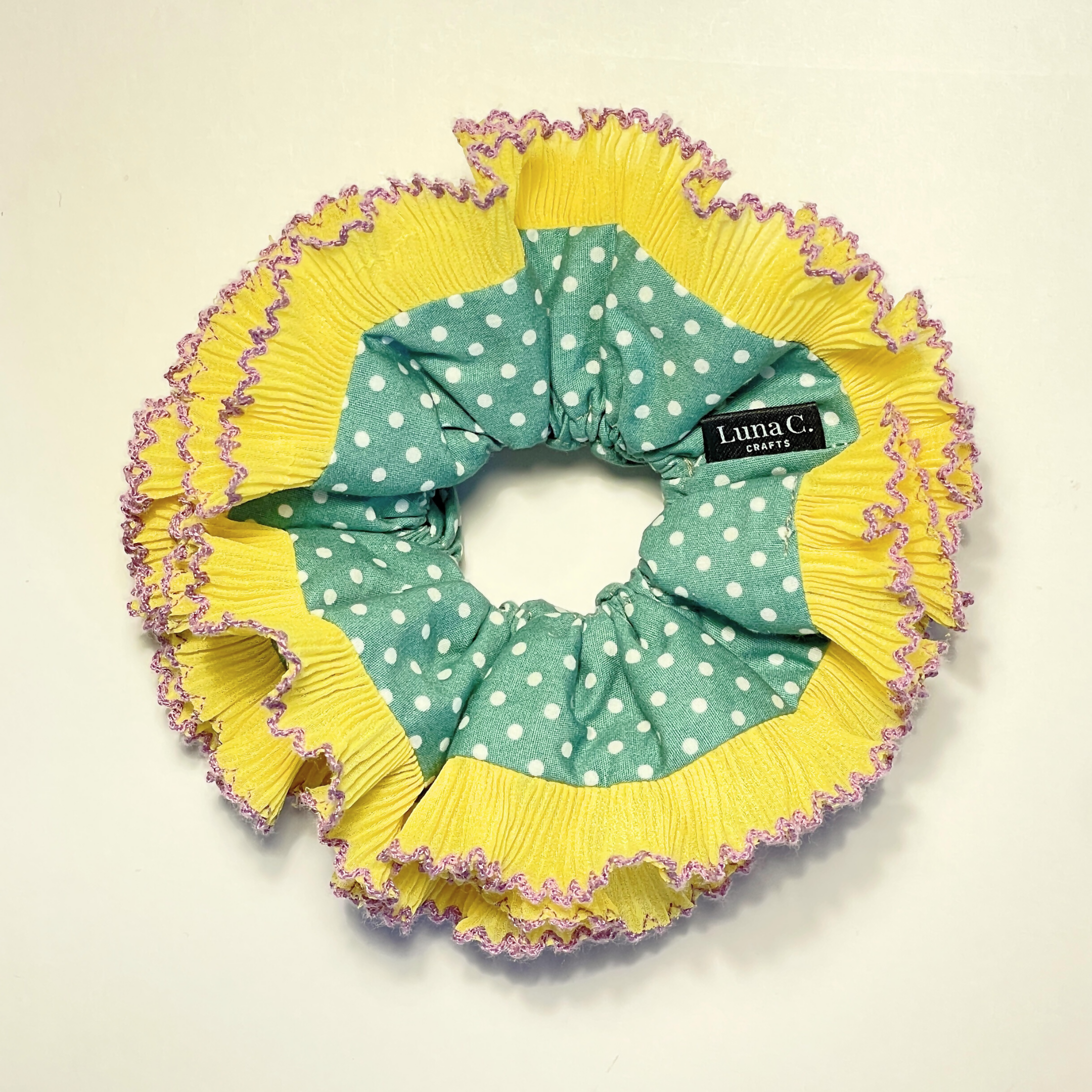Green in White Polka Dots with Yellow Ruffles Double Layer Scrunchie