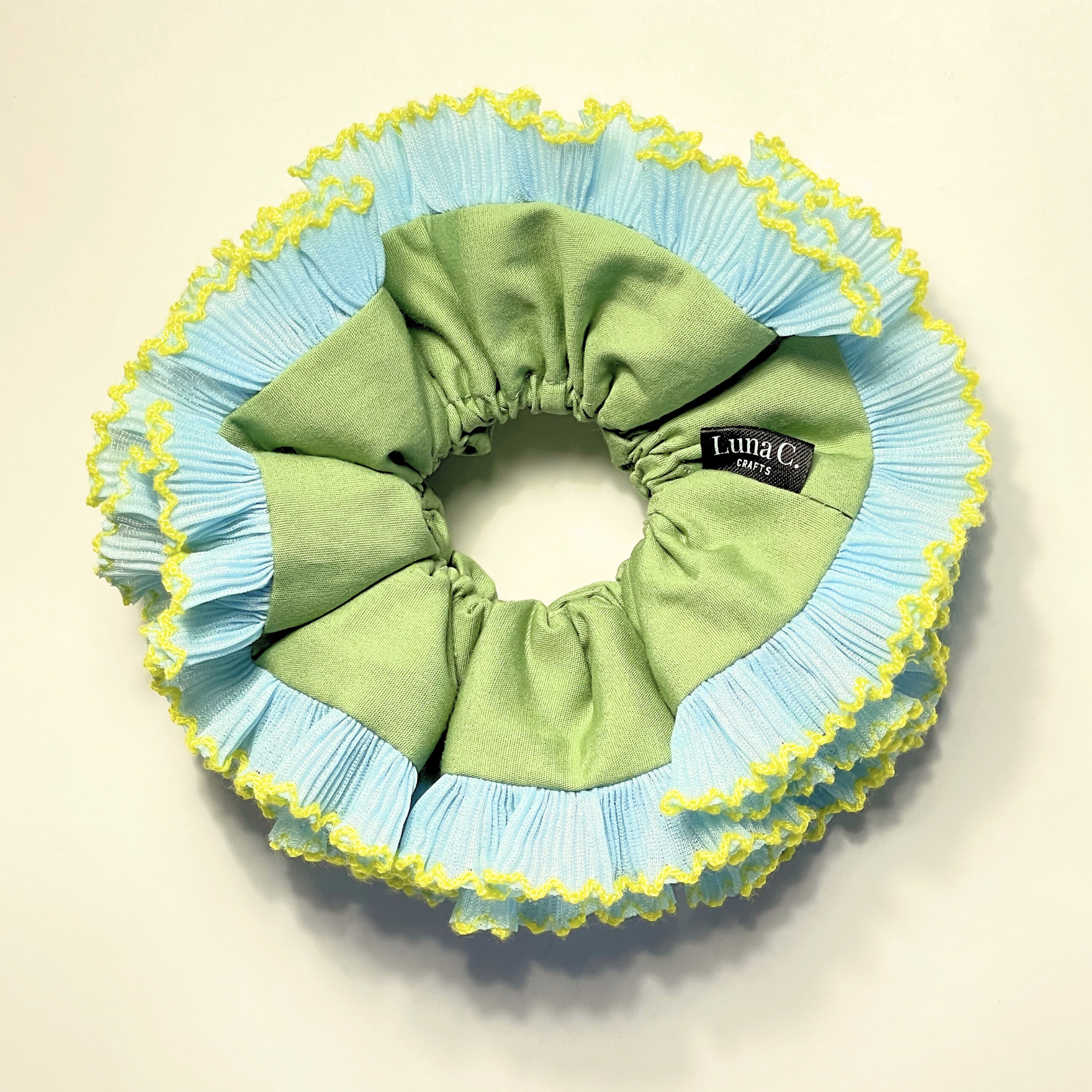 Sage Green with Light Blue Ruffles Double Layer Scrunchie