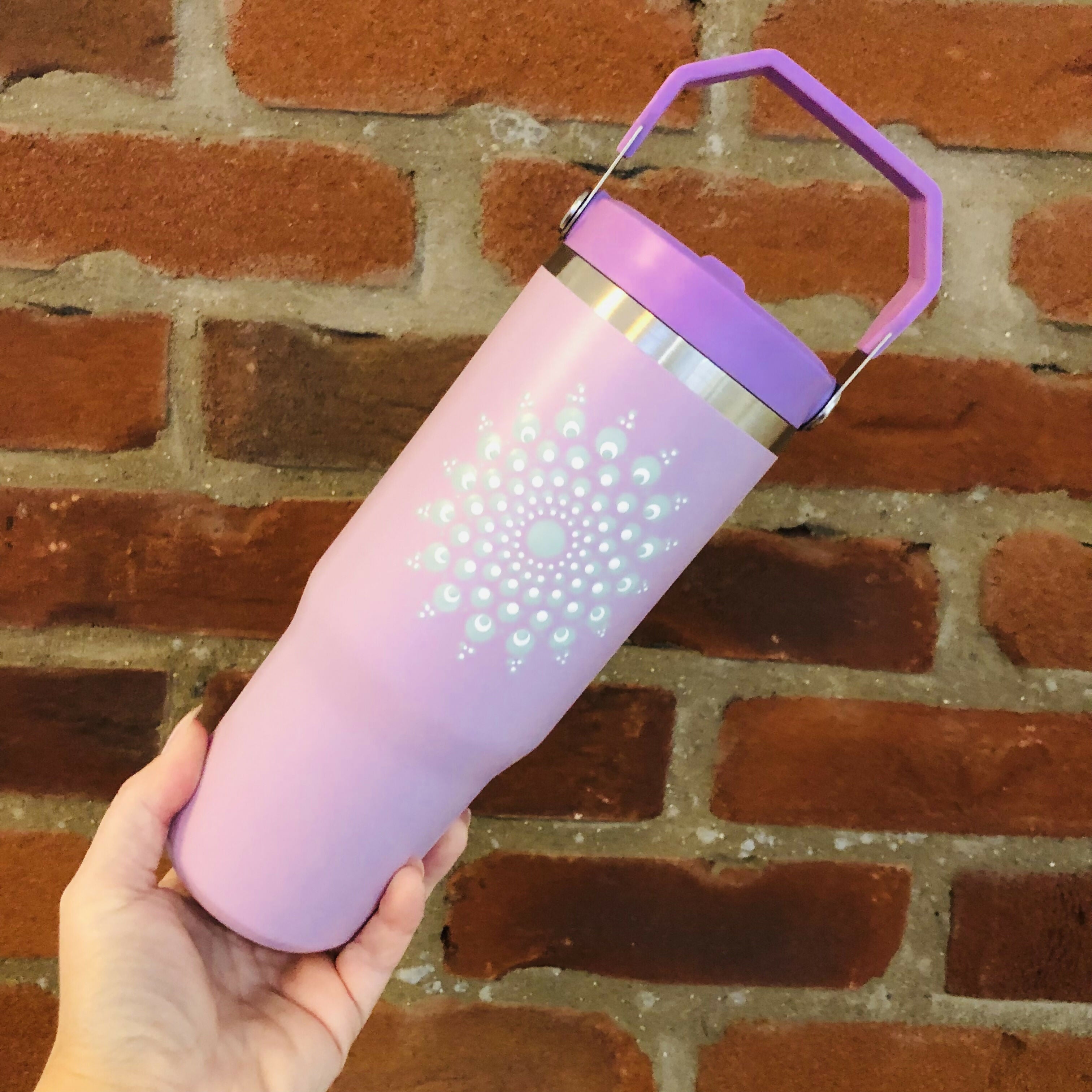 Hand Painted Dot Mandala Thermal Water Bottle with Handle: Lavender with Sage Green