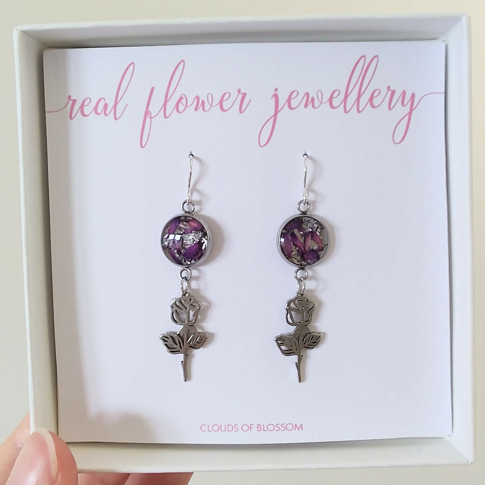 Purple Real Flower Rose Earrings Stainless Steel