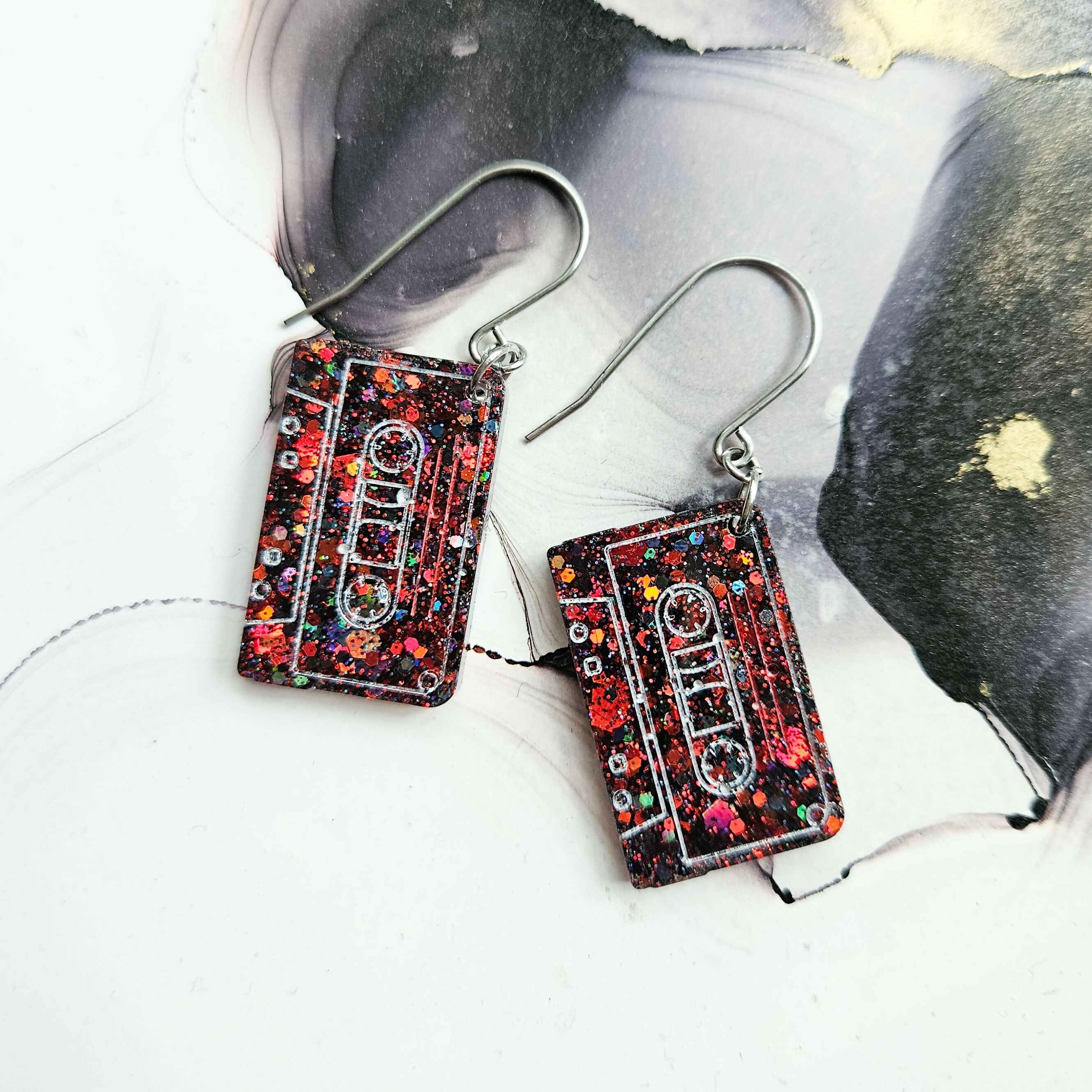 Handmade Black And Red Glitter Resin Cassettes Earrings