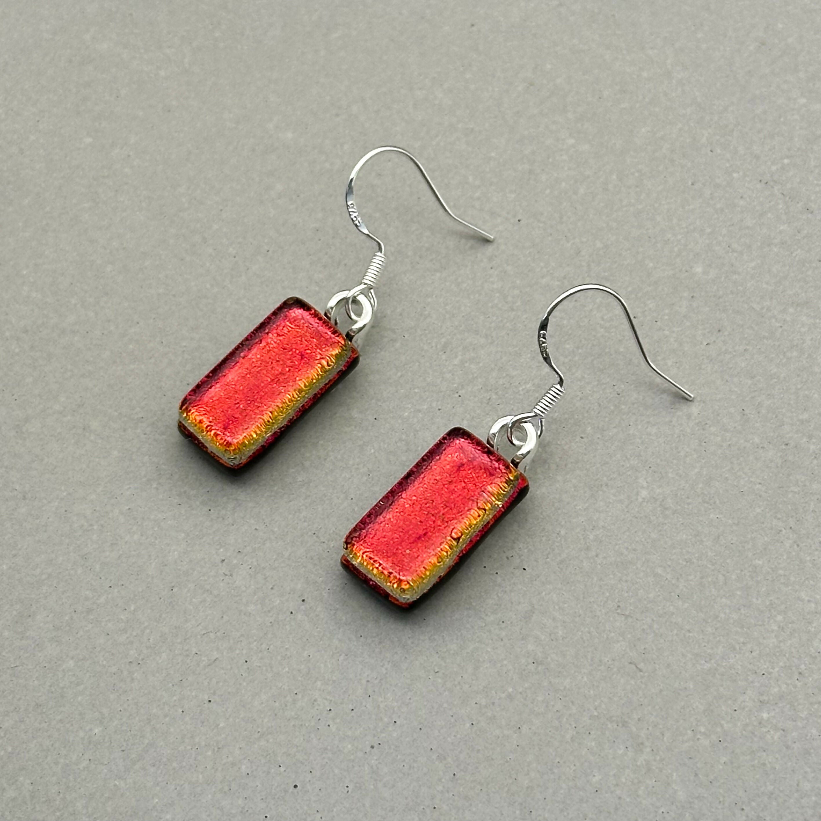 Red Dichroic Fused Glass Dangle Sterling Silver Earrings - Handmade by Jade Tapson Glass.