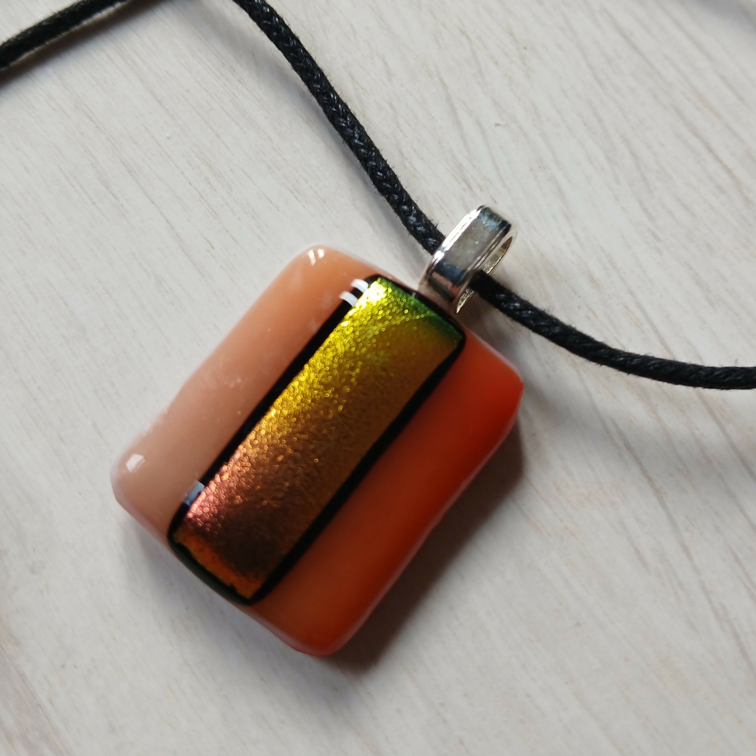 Fused Dichroic Glass Rectangular Pendant With a Cord Necklace (Gold and Pink)