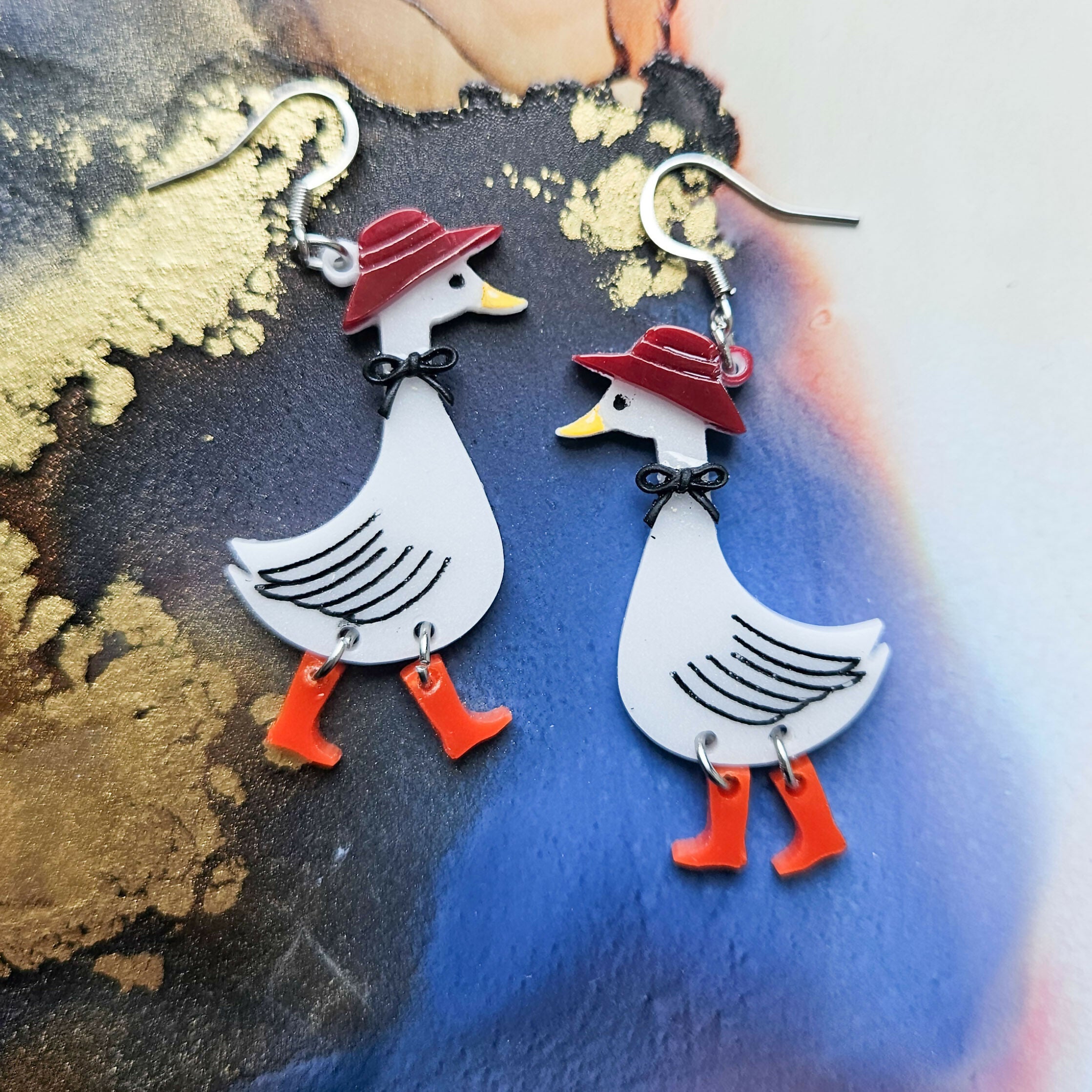 Handmade Autumn Geese With Wellies And Bows Dangle Resin Earrings
