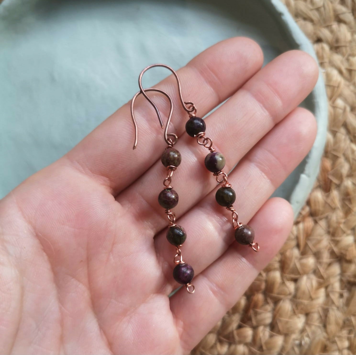 Serpentine & Stichtite Dangle Earrings. Made With Natural Copper Wire.