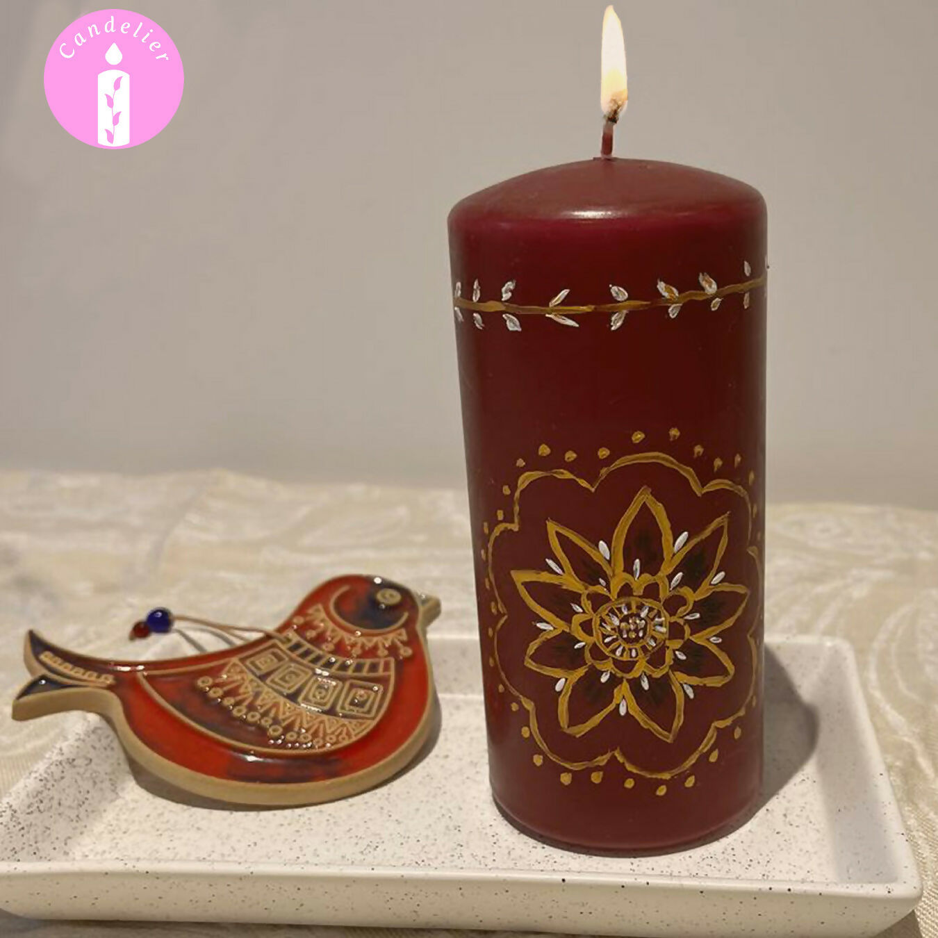 Hand Painted Candle with Mandala Pattern