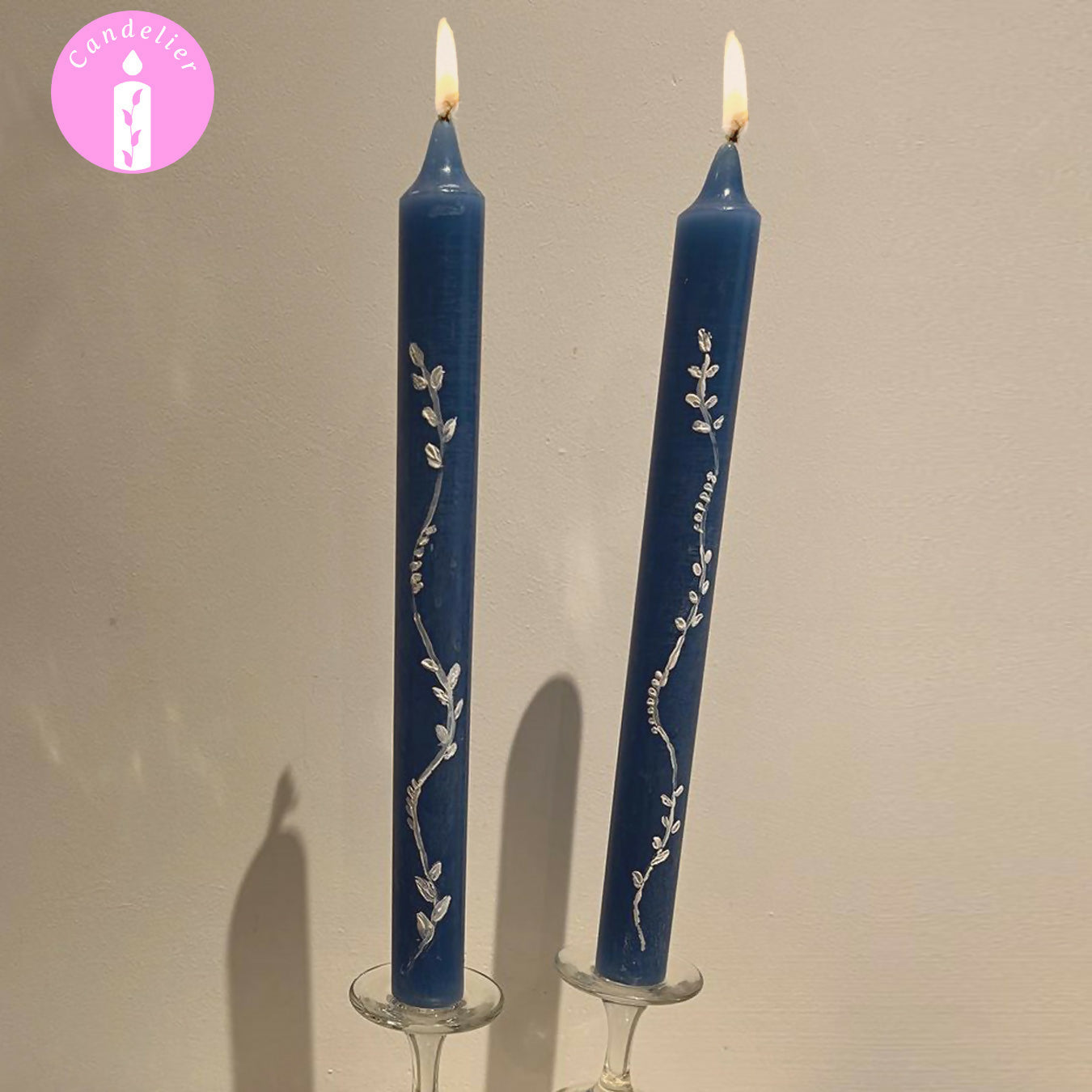 White Hand Painted Floral Pattern Blue stick candle