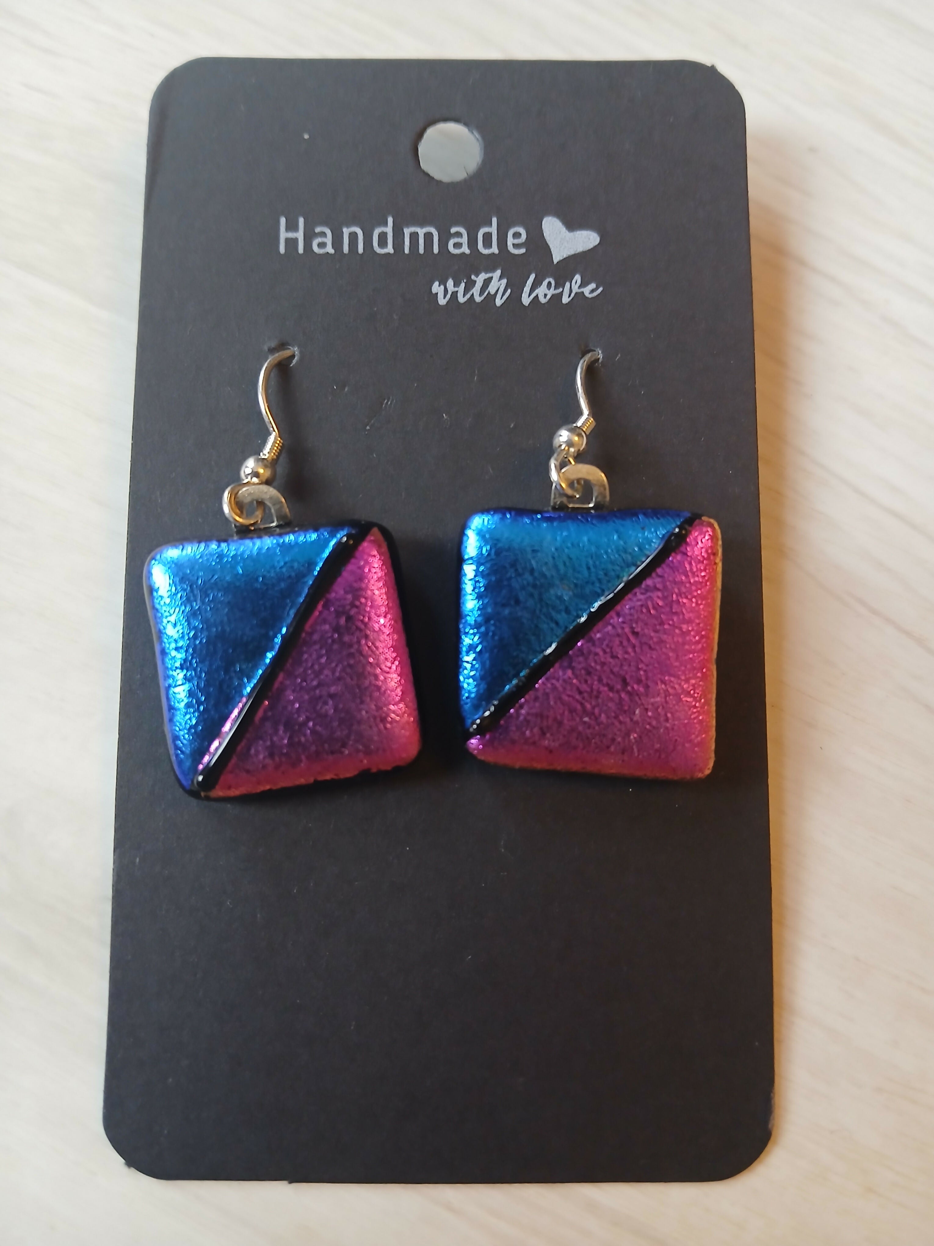Fused Dichroic Glass Earrings in Pink and Blue With Sterling Silver Hooks