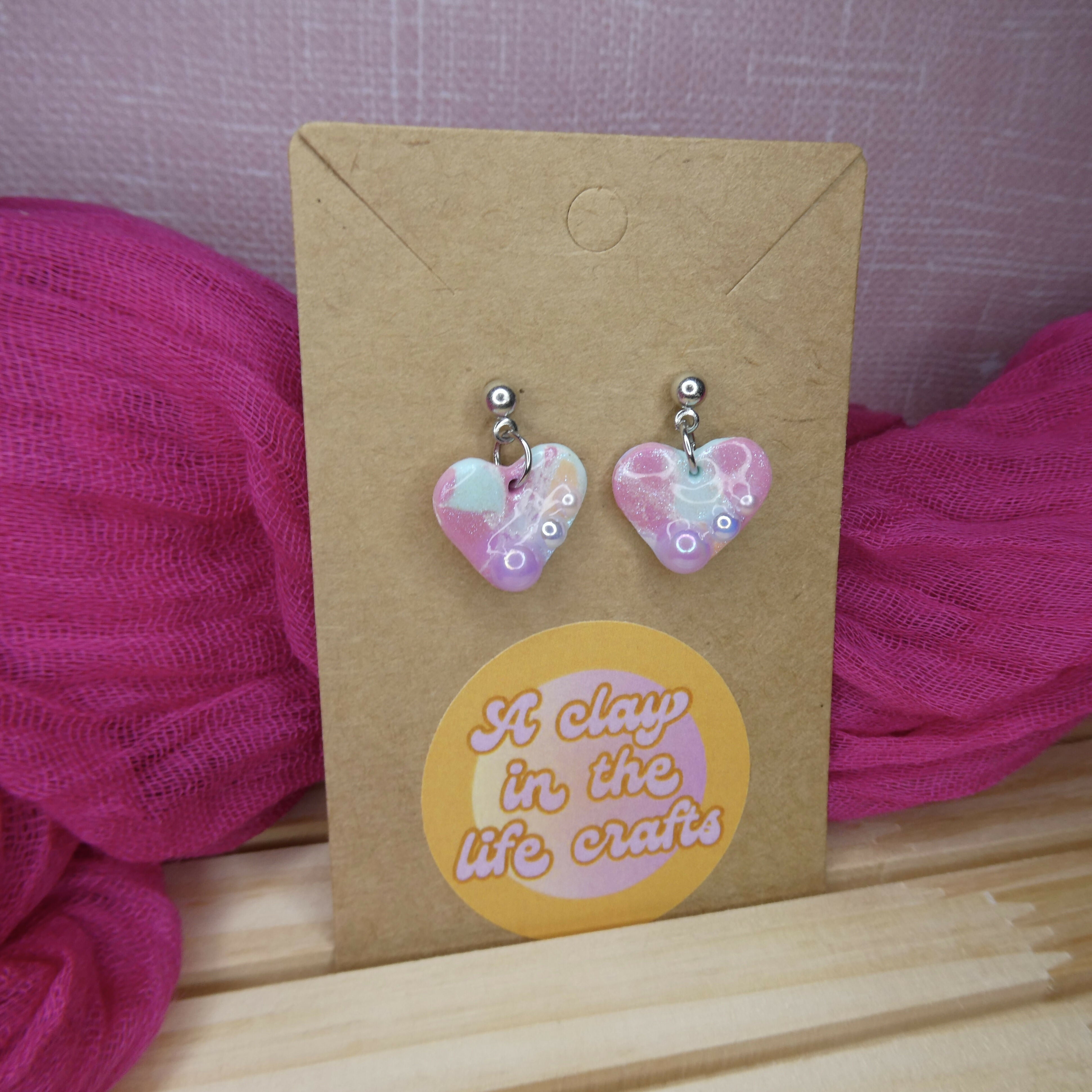 Pastel Mosaic Iridescent Tiny Heart Polymer Clay Earrings