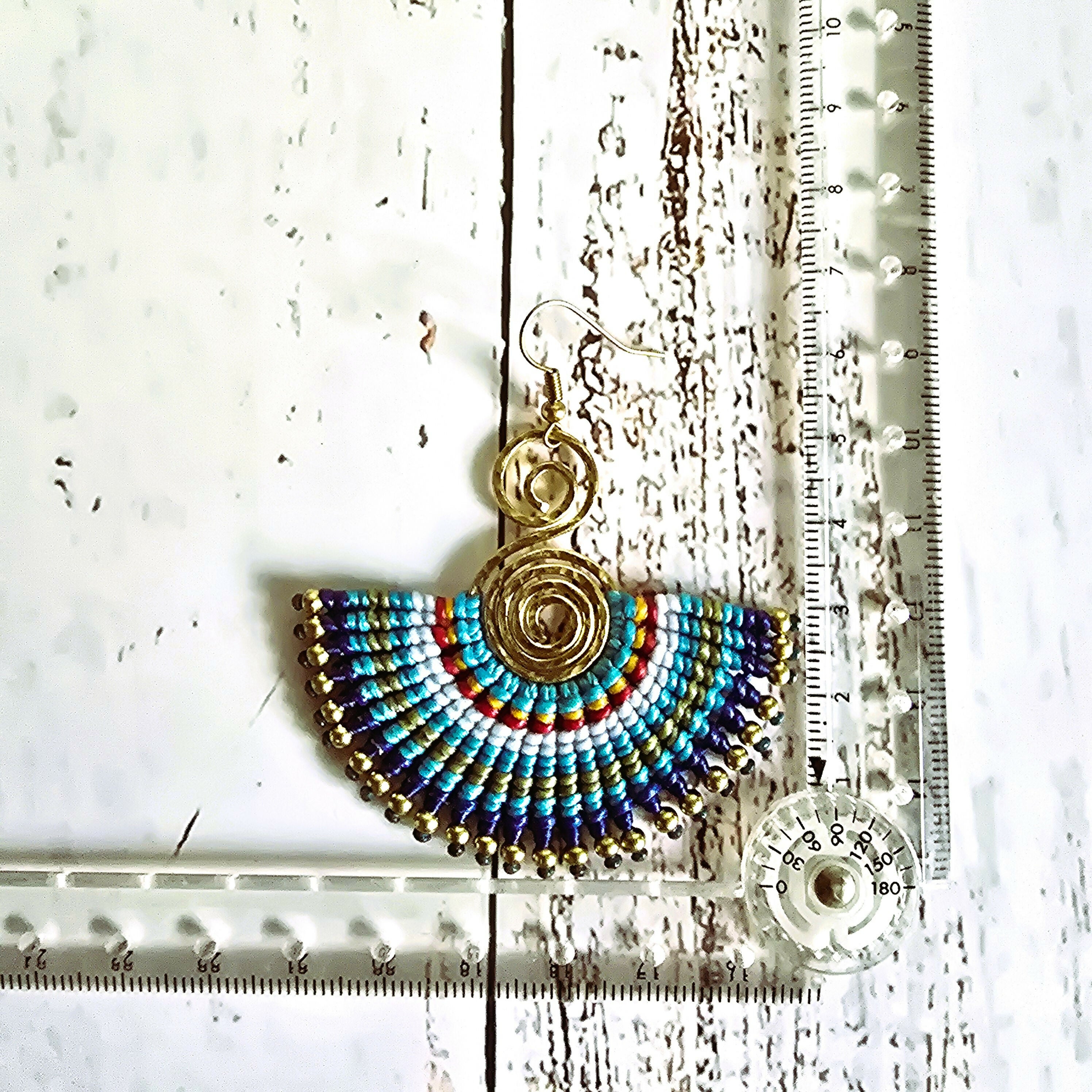 Blue Macrame Earrings; Egyptian Fan Gold Wire Spiral Bohemian Earrings