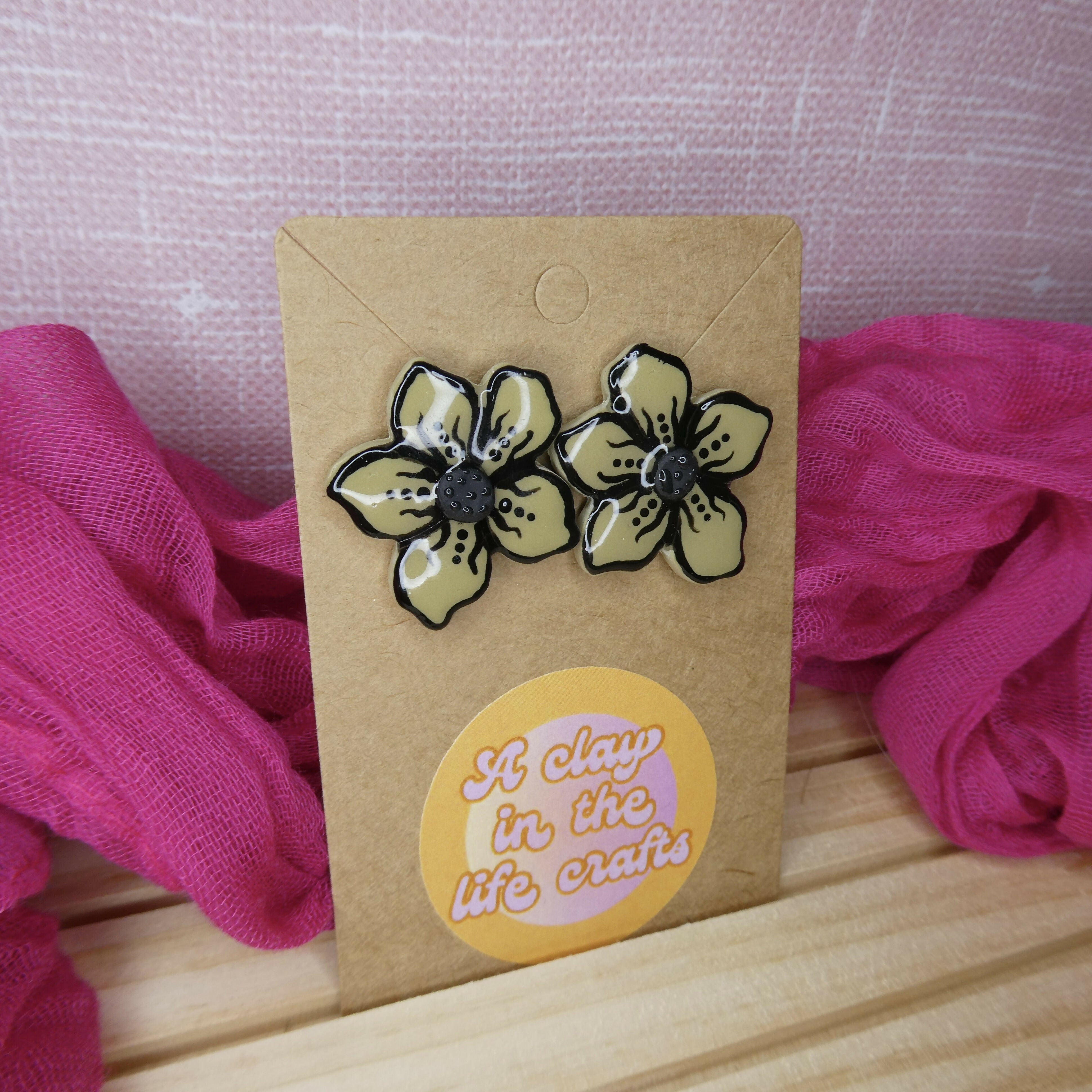 Beige And Black Floral Stud Polymer Clay Earrings