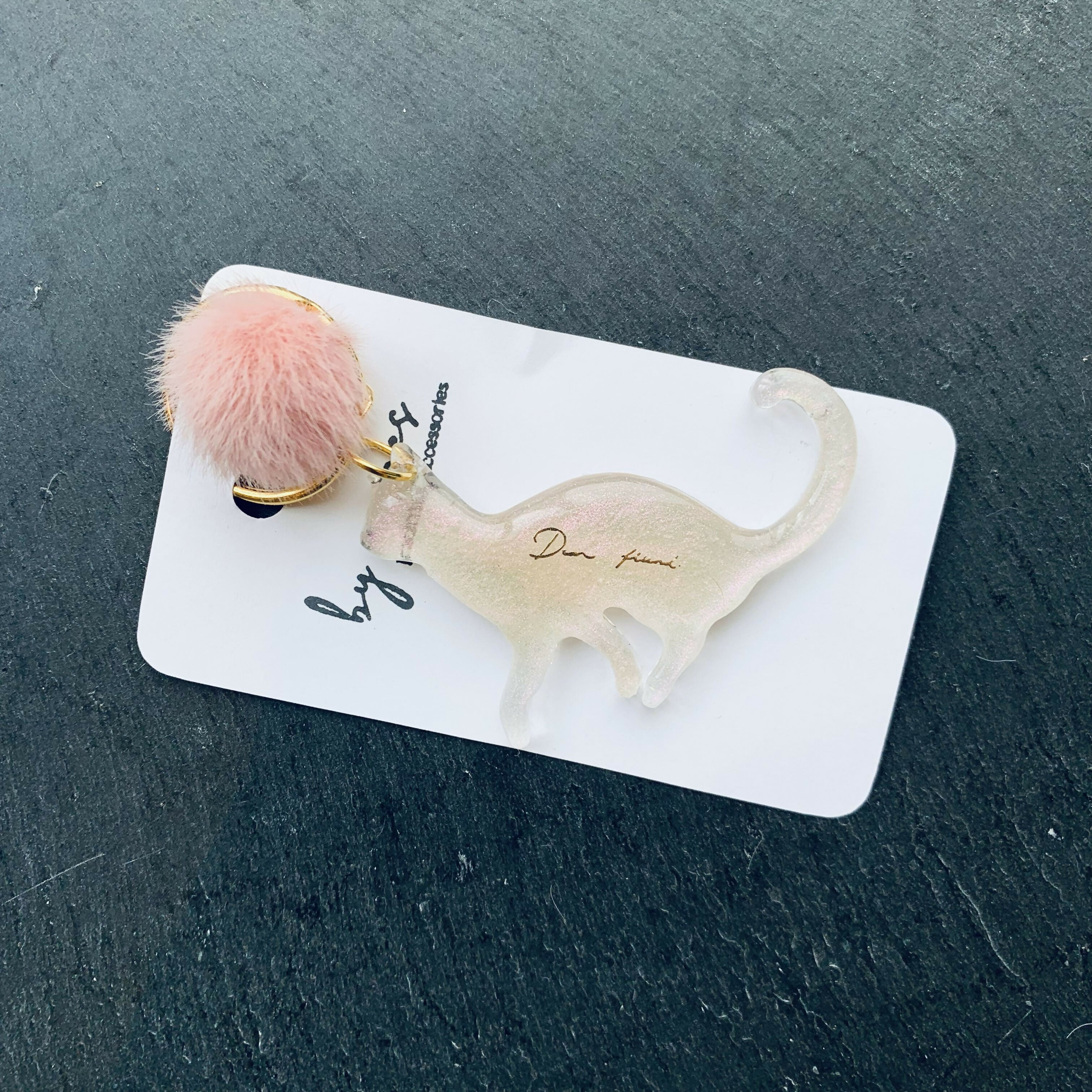 Hand Cast Vibrant Mica Powder Resin Cat Keyring, Bag Charm with a Pom Pom