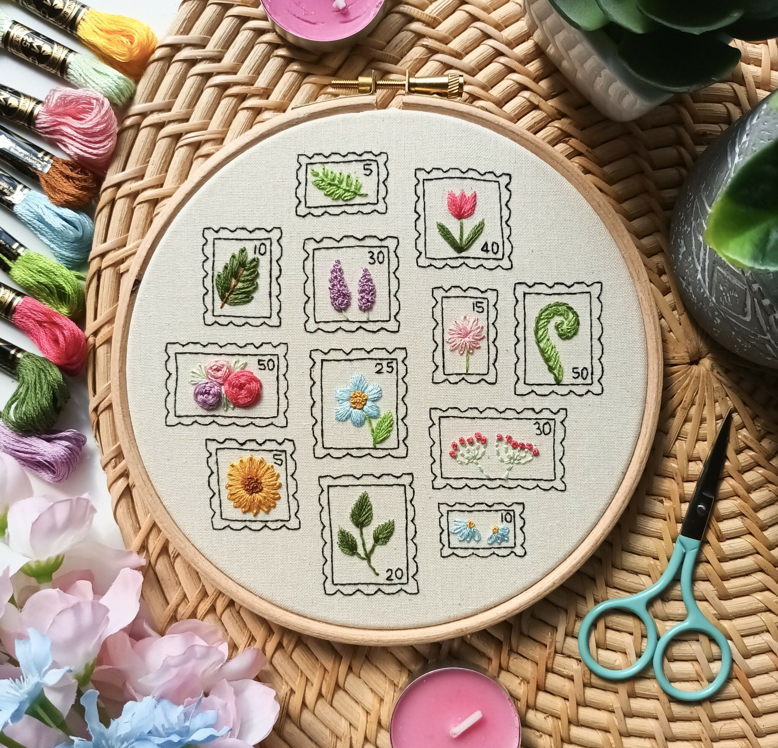 Preprinted Embroidery Pattern For Beginners - Botanical Stamps