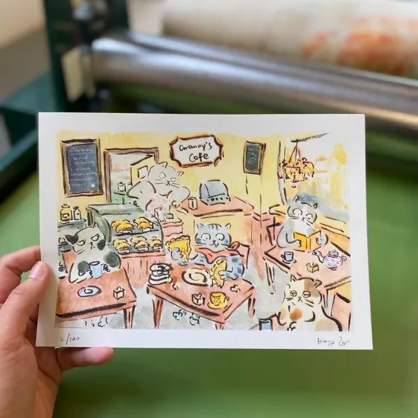 Cats eating too much in cafe Riso print A5