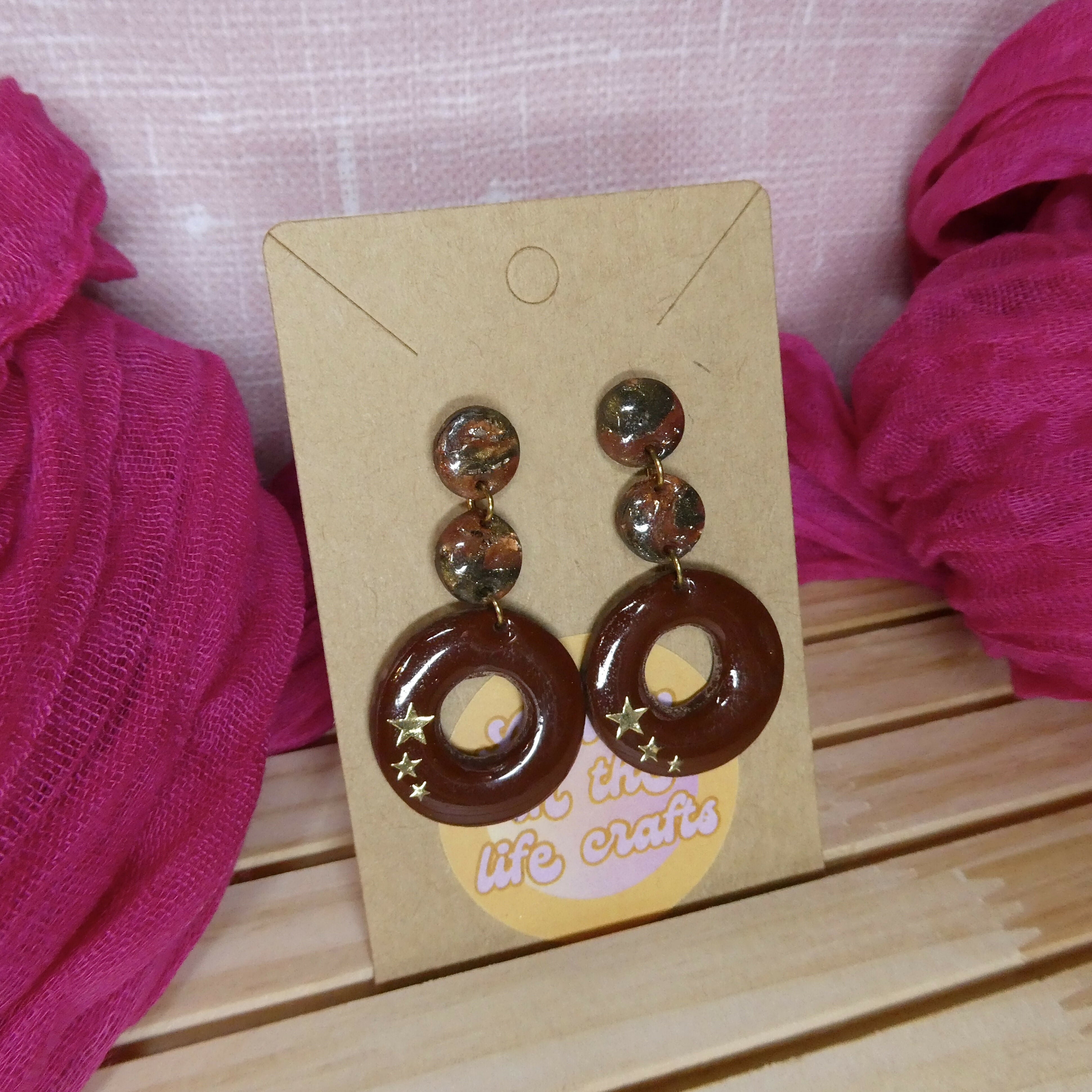 Brown Dangle Earring With Gold Star Detail