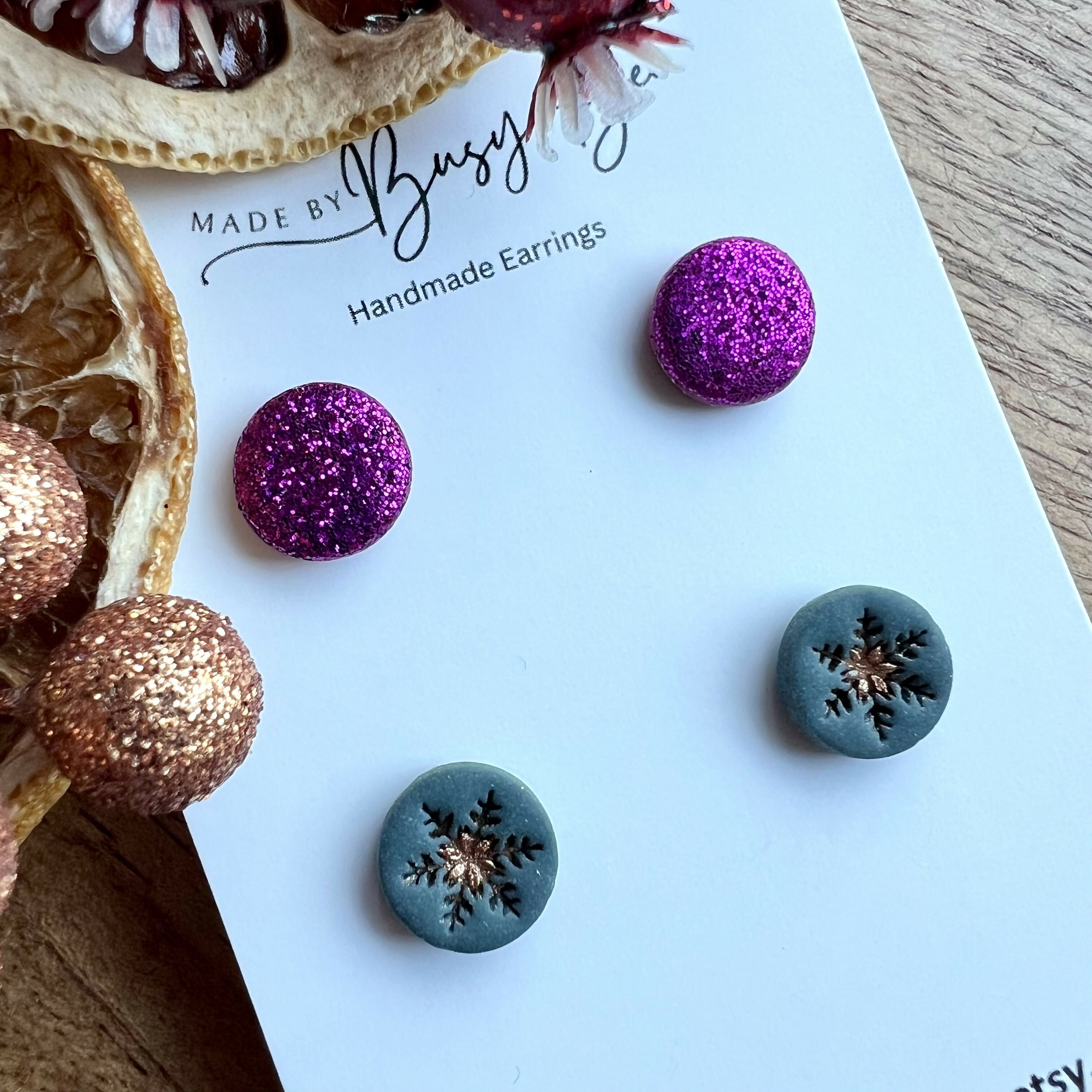 Glitter Stud Earrings / Set of 2 pairs of Studs / Handmade Polymer Clay Jewellery