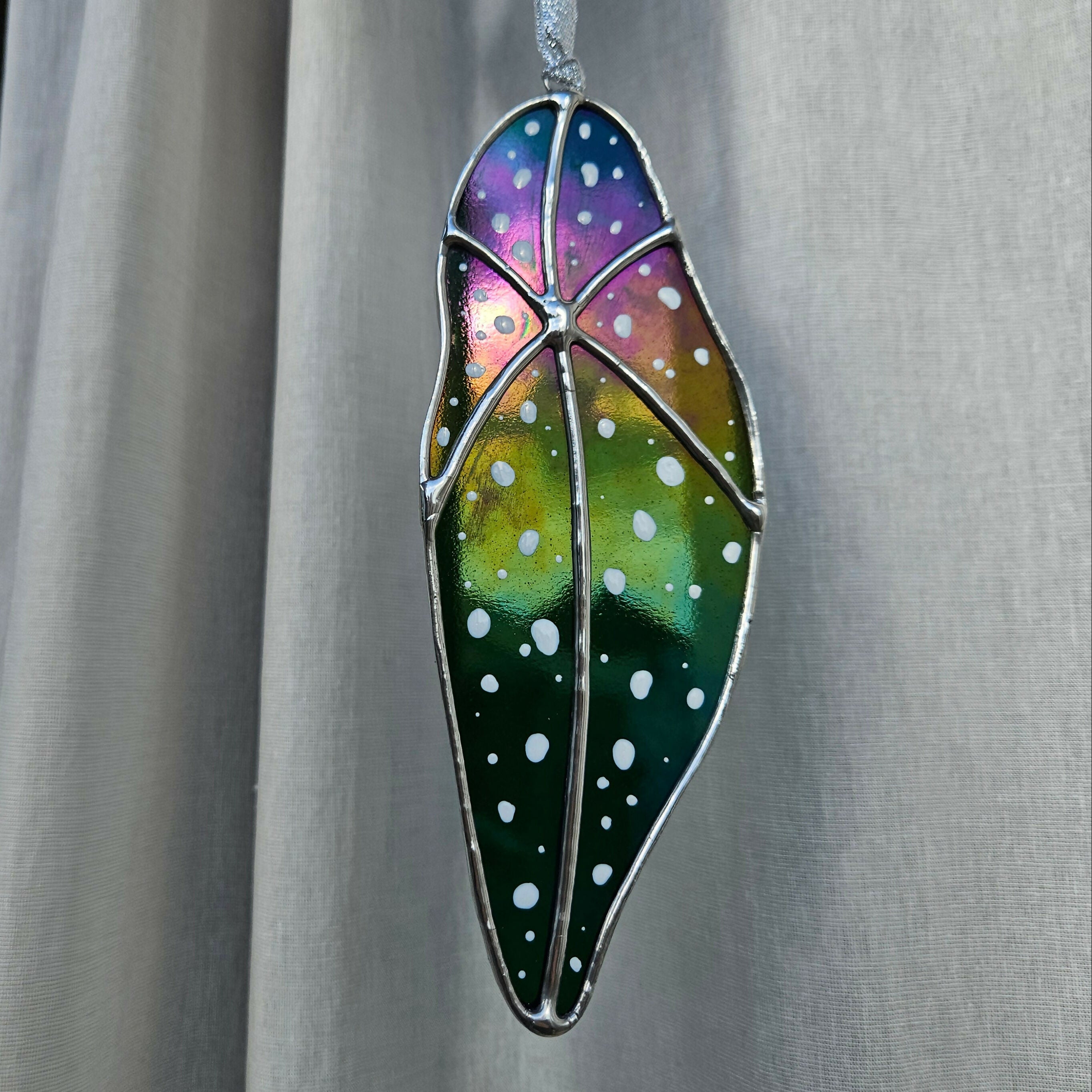 Rainbow Iridescent Green Spotted Begonia Leaf Stained Glass Suncatcher