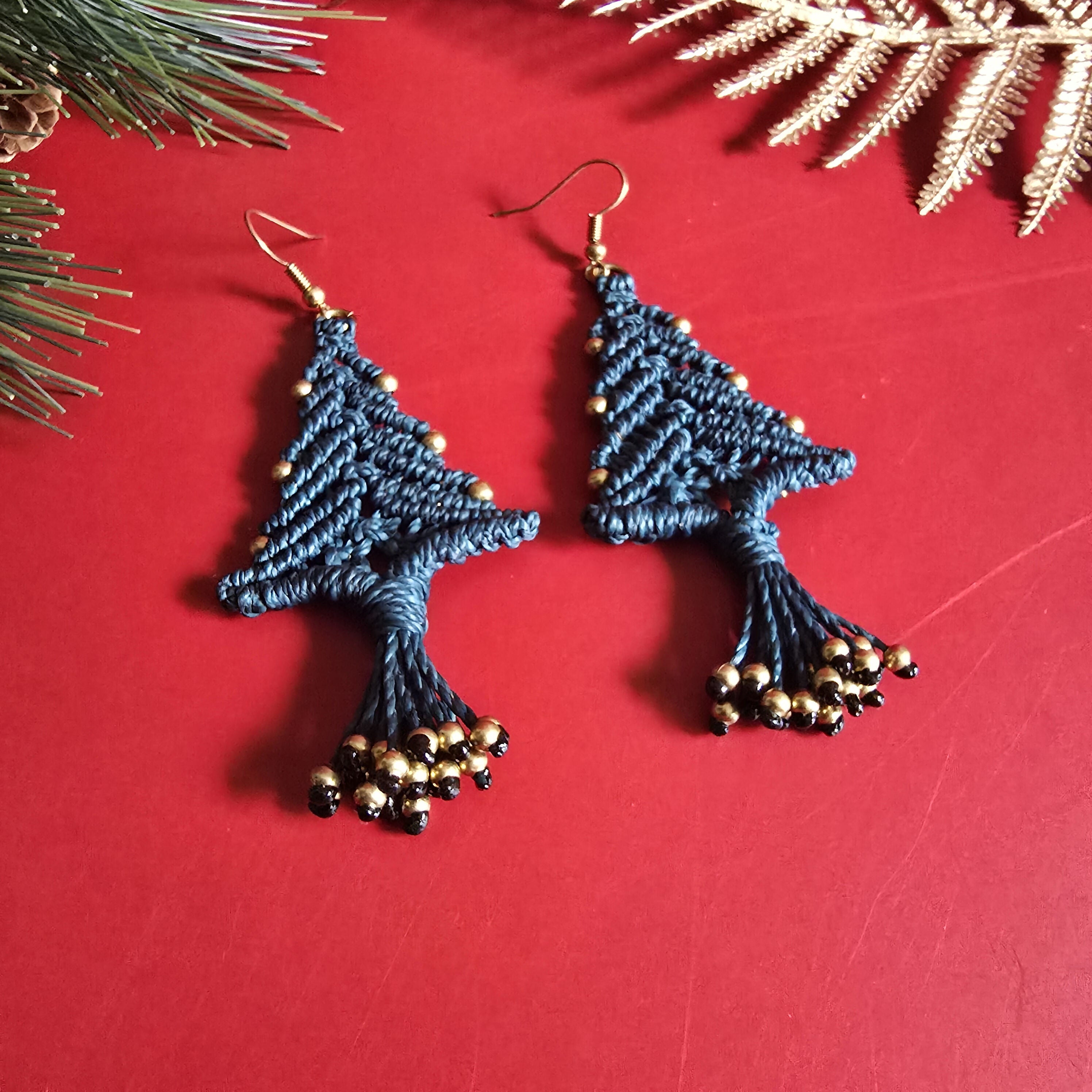 Christmas Tree Macrame Earrings; Forest Green Knotted Cord Lightweight Boho Festive Earrings