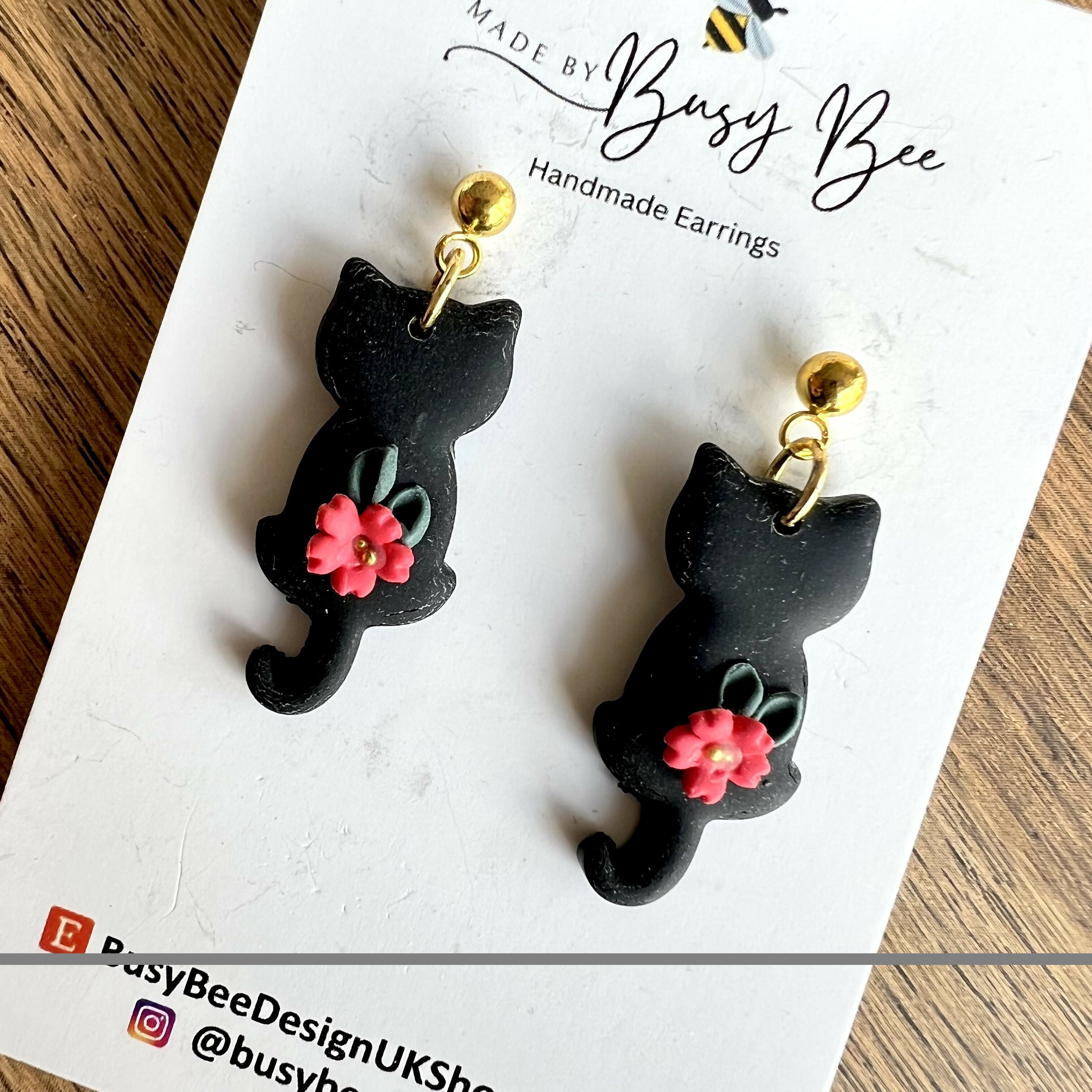Polymer Clay Floral Cats Earrings / Handmade Cute Animal Dangles
