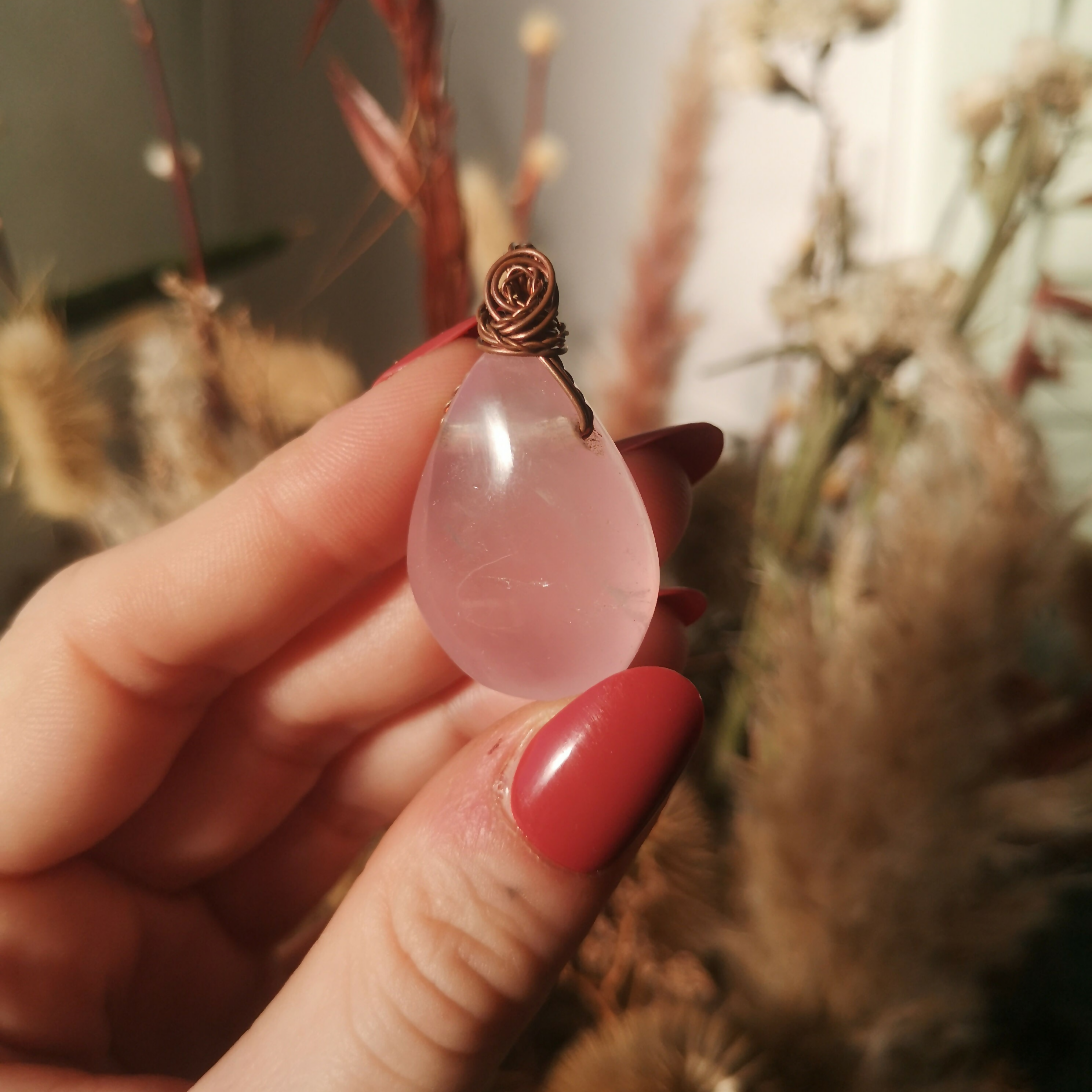 Rose Quartz & Copper Tear Drop Pendant with Adjustable Brown Suede Cord