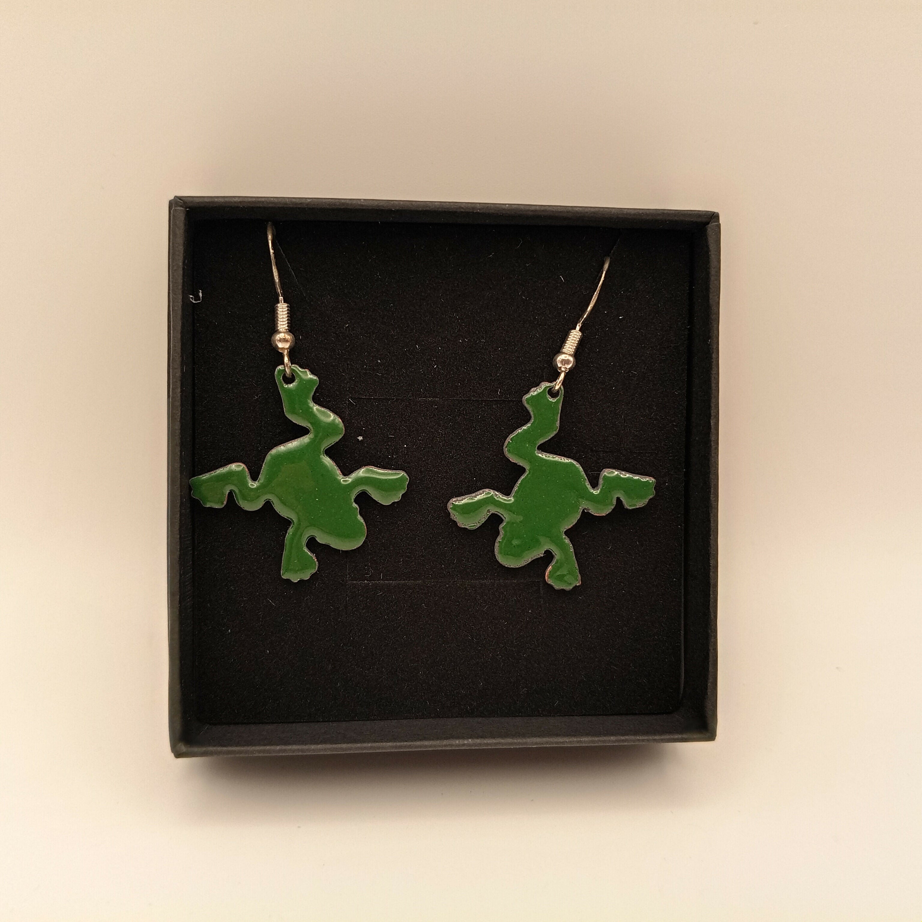 Fir Green Enamel Frog Earrings
