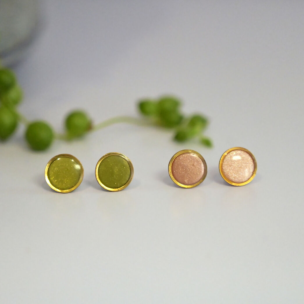 Olive and Gold Stud Earrings - Handmade Polymer Clay - Polly Plant