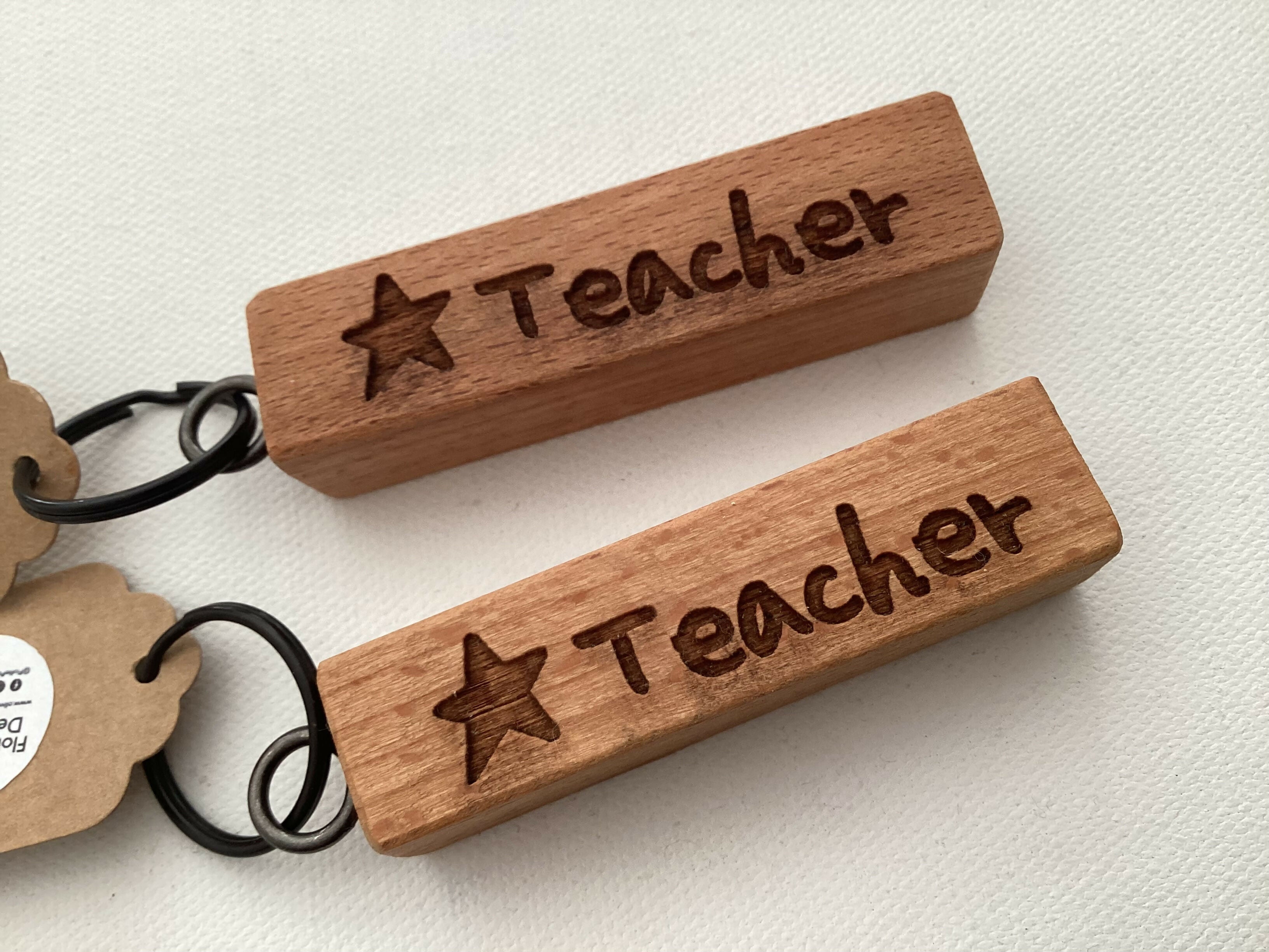 Keyring - Engraved Wooden Block - Star Teacher