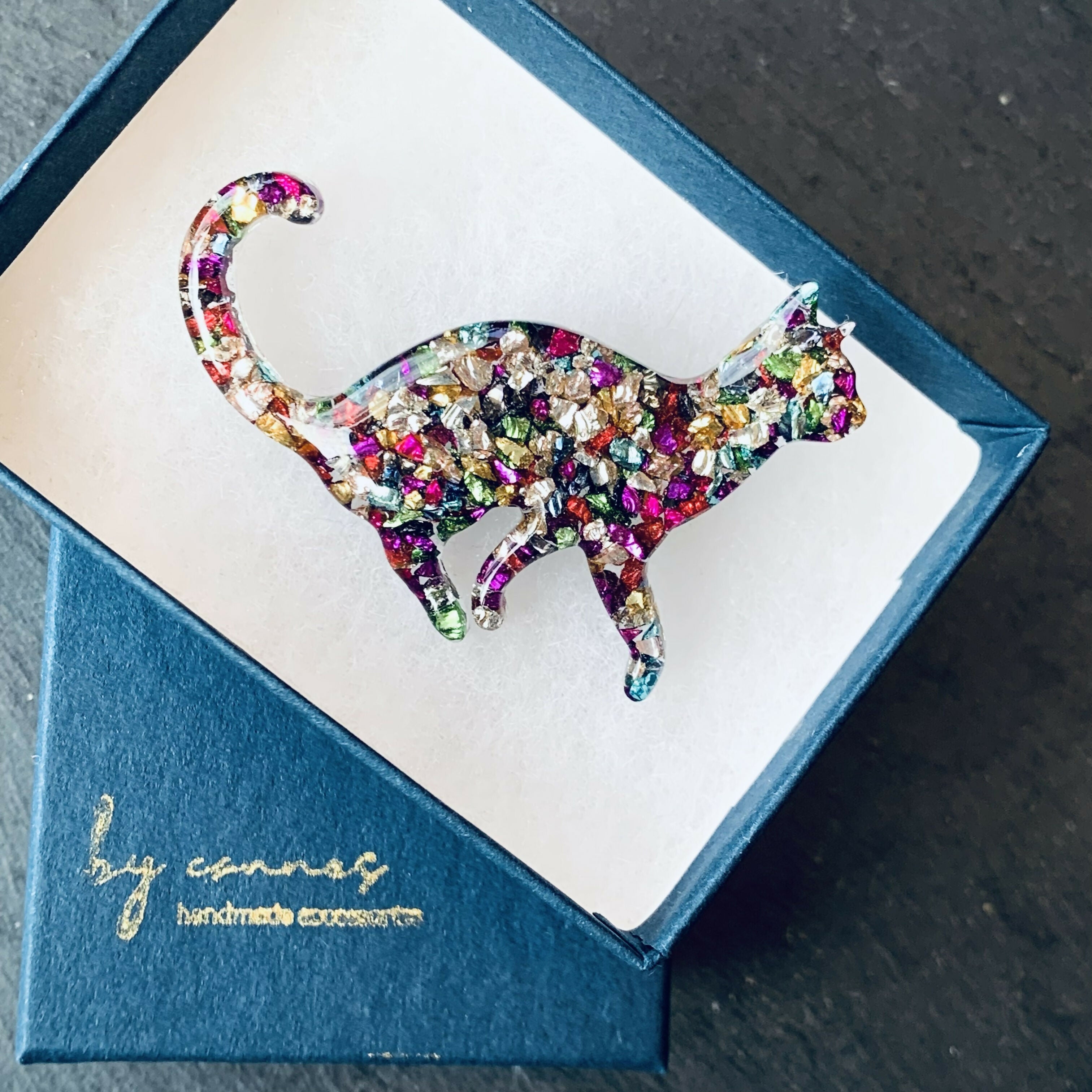 Hand Cast Mosaic Resin Cat Brooch