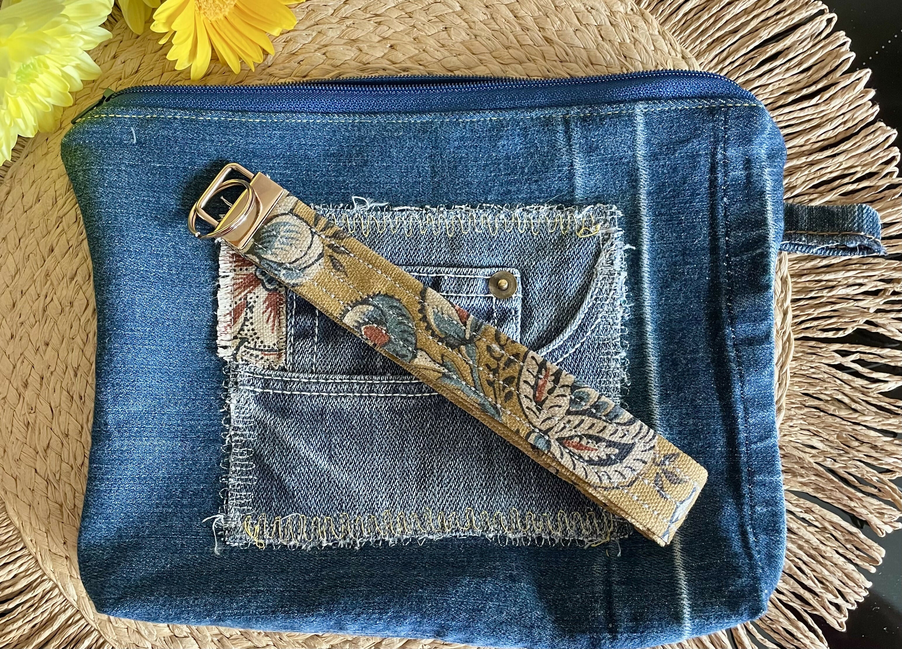 Upcycled Denim Clutch Bag with wristlet.