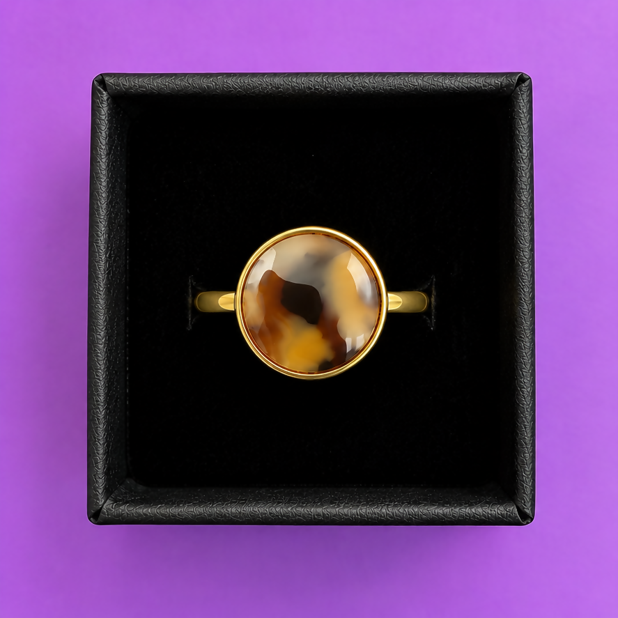 Tortoiseshell Faux Stone Circle Adjustable Gold Ring
