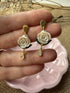 White Rose Drop Earrings with Green Leaf and Crystal Teardrop Detail