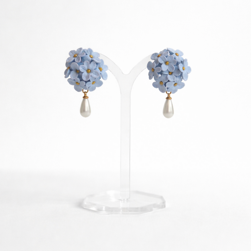 Blue Flower Cluster Drop Earrings with Pearl Detail and Gold Centre