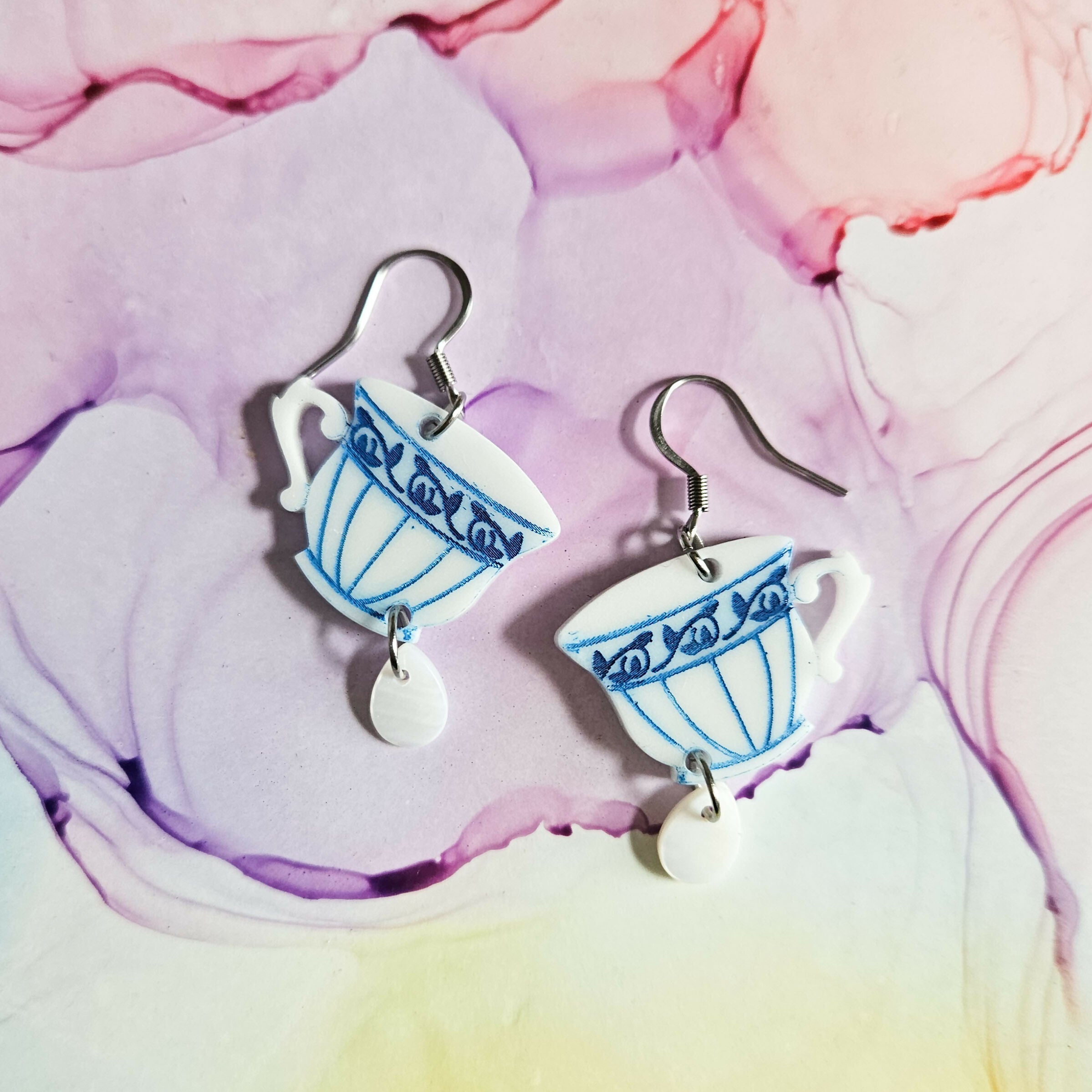Handmade White Blue Teacup Resin Earrings