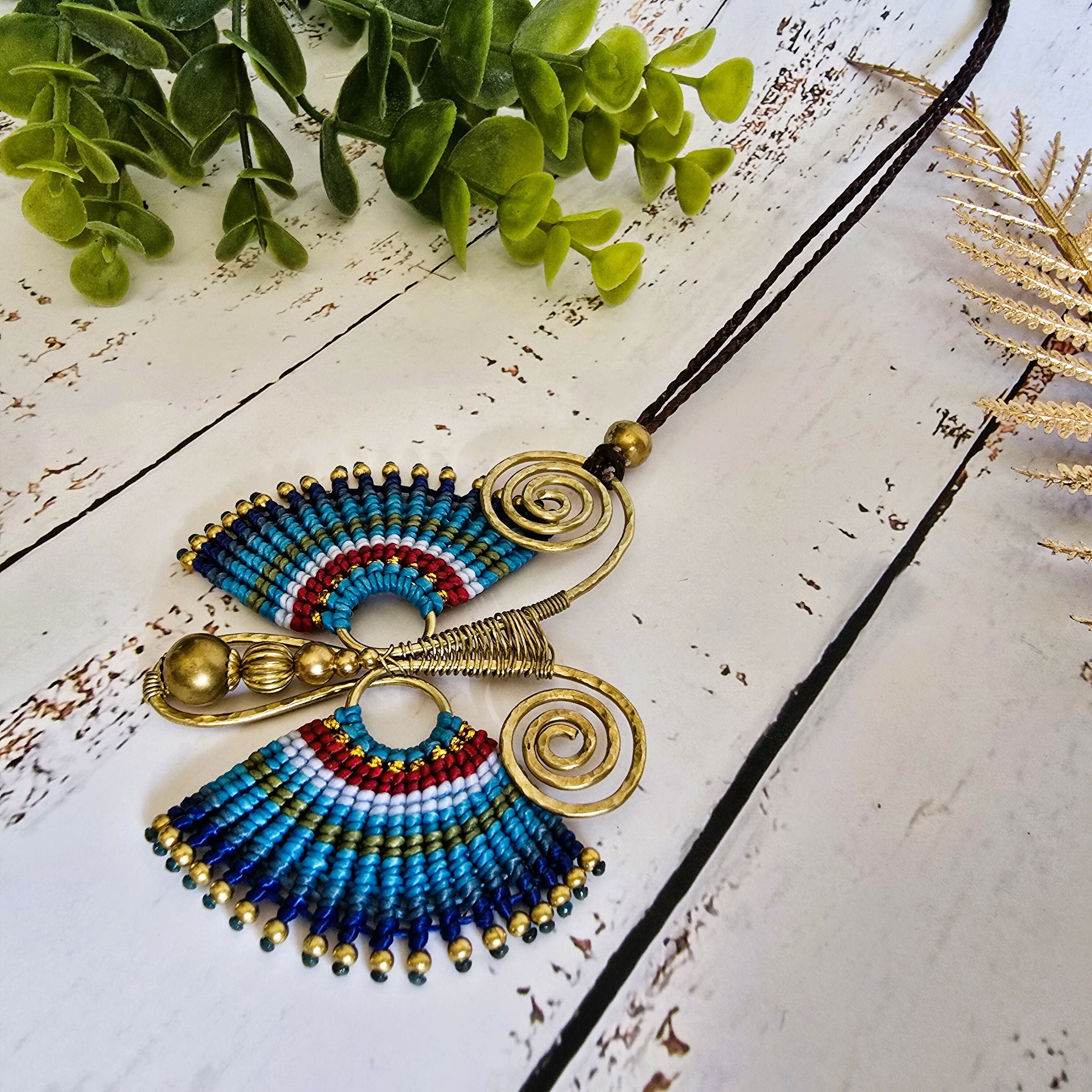 Blue Butterfly Necklace; Handcrafted Macramé & Gold Wire Art Statement Pendant