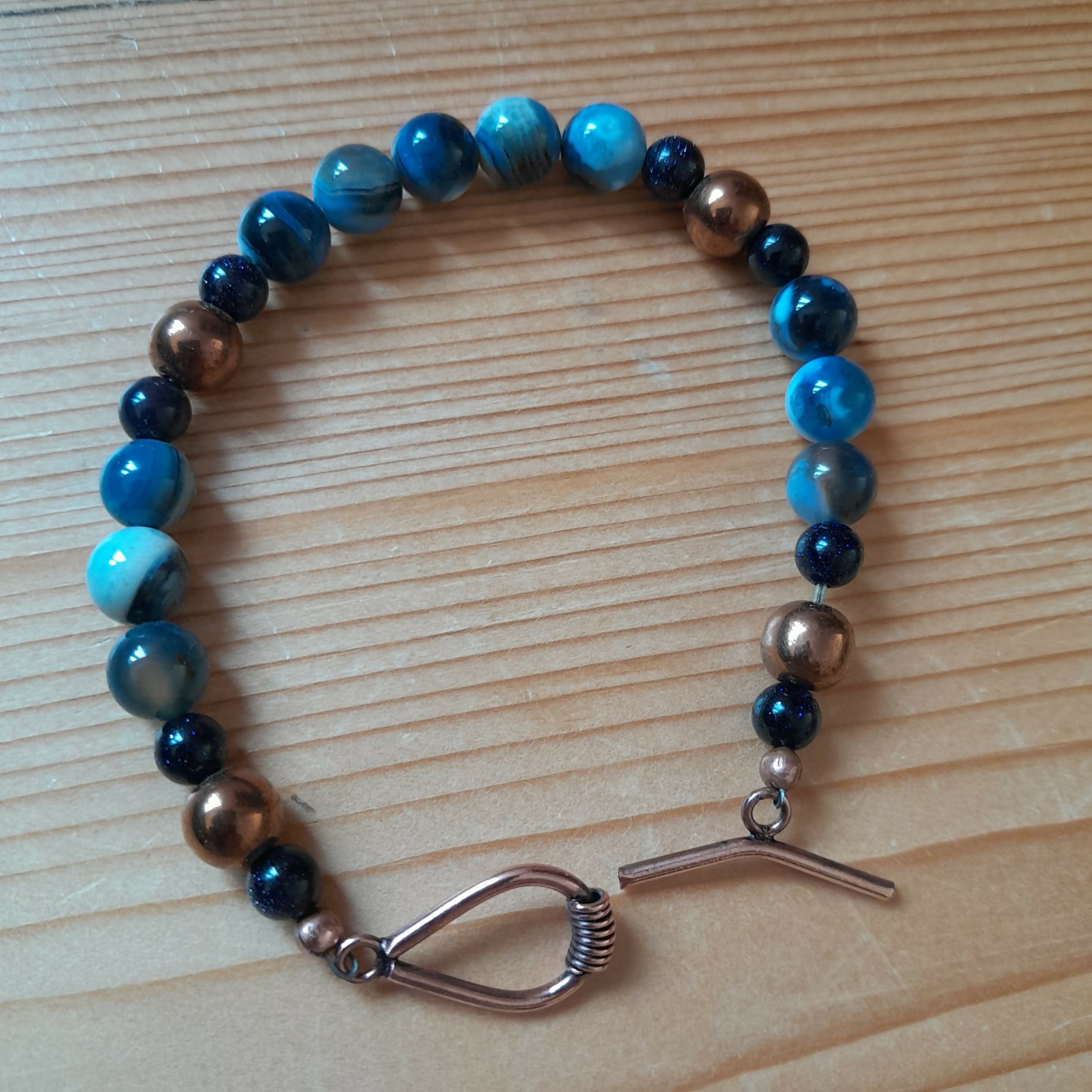 Pure Copper Toggle Bracelet with Navy Goldstone, Bronze Hematite and Blue Dream Agate.
