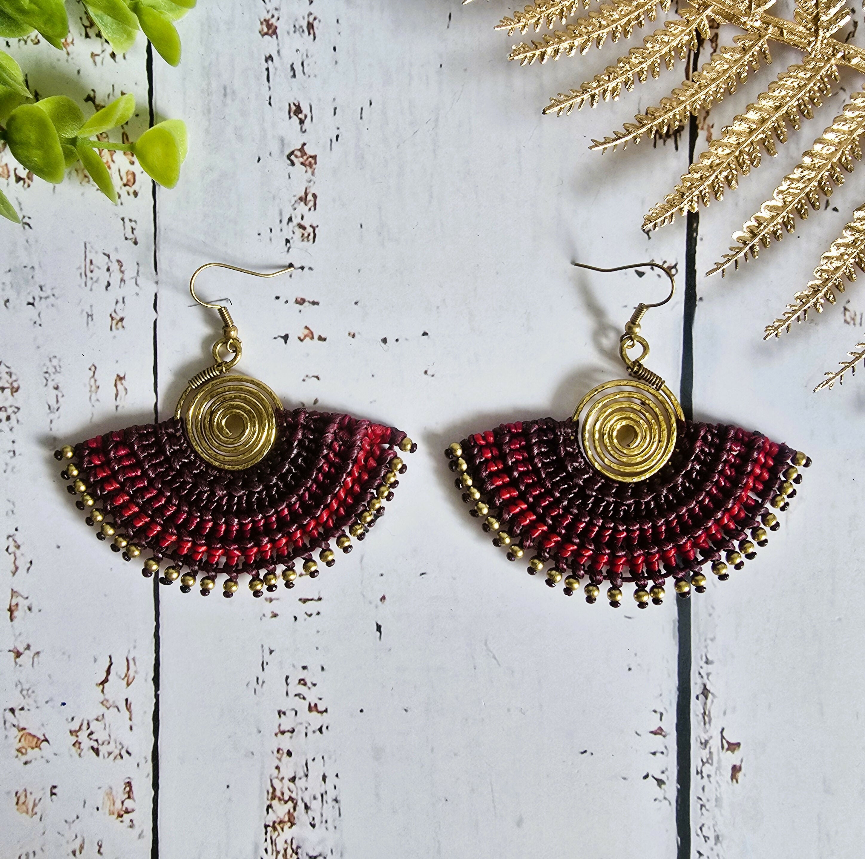 Red Macrame Fan Earrings; Statement Golden Spiral Wire-Art Thai Artisan Earrings