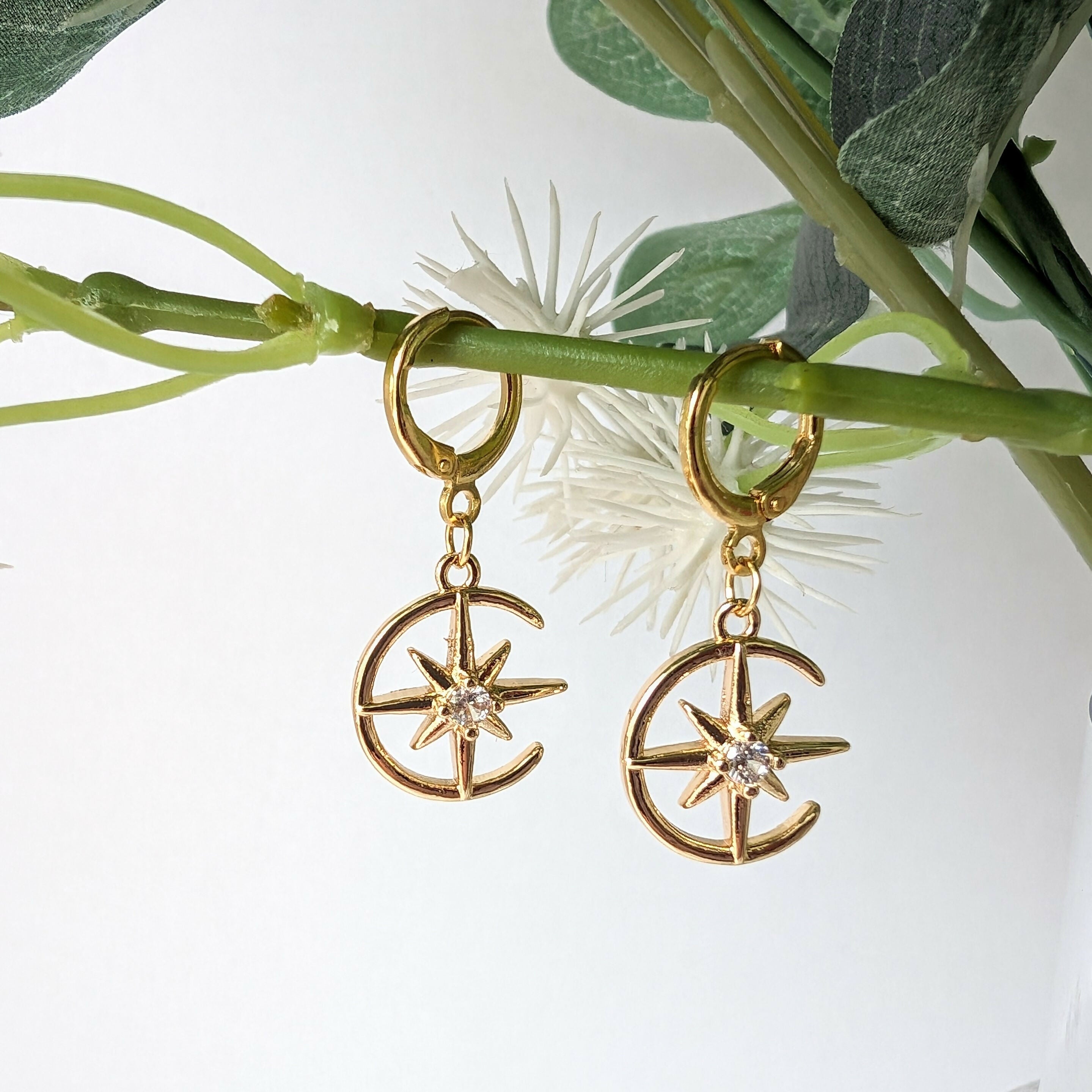 Moon and Star Earring with Cubic Zirconia Centre on Gold Plated Huggie
