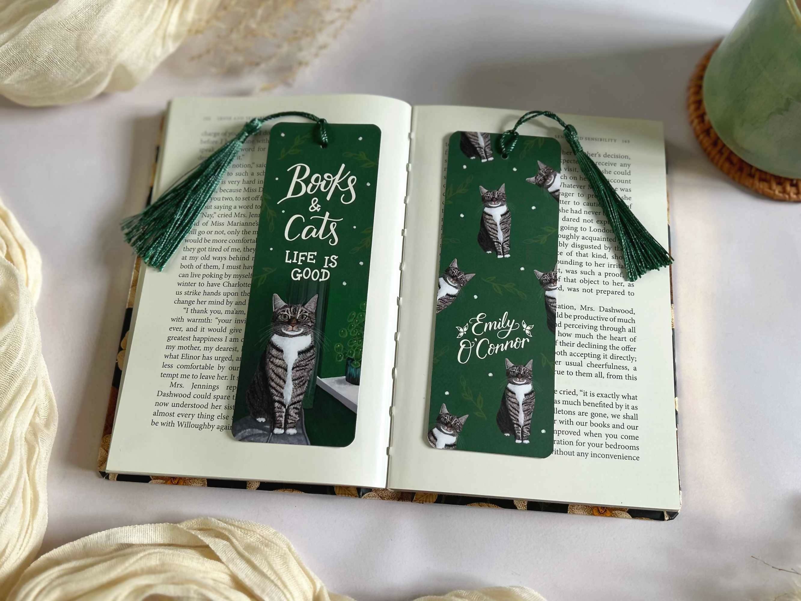 Tabby Cat Bookmark Green