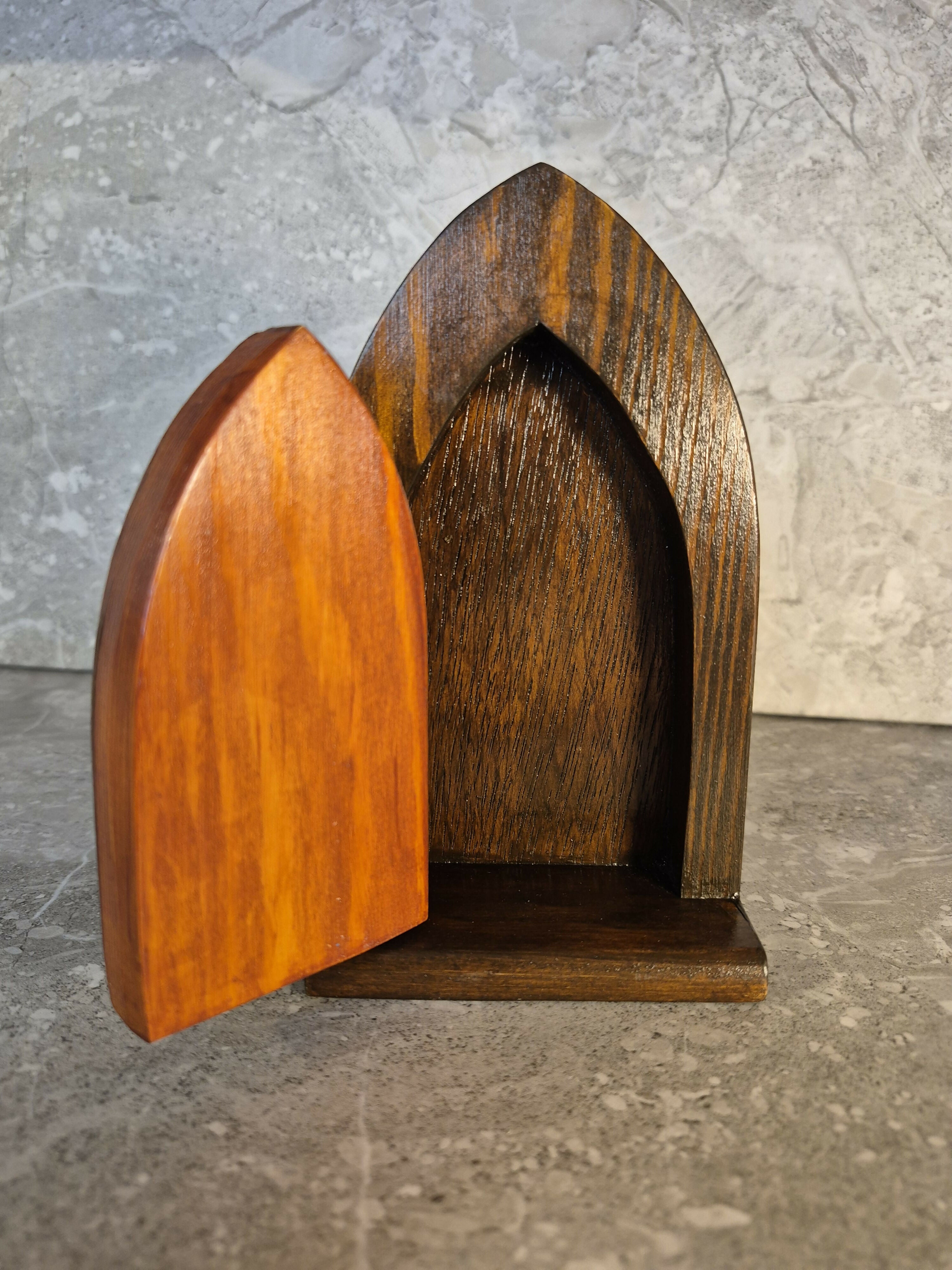 Handcrafted Opening Wooden Fairy Door Decorated with an Engraved Wolf's Face