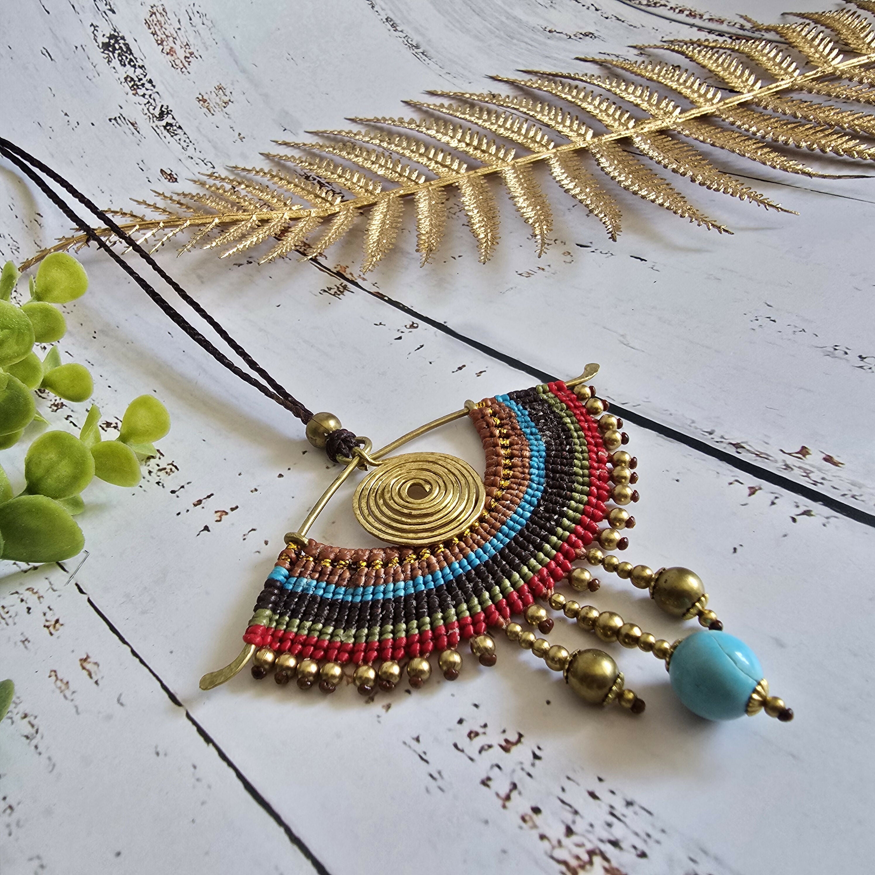All-Seeing Eye Necklace; Turquoise Crystal Macramé Pendant With Handcrafted Brass Spiral Wire-Art