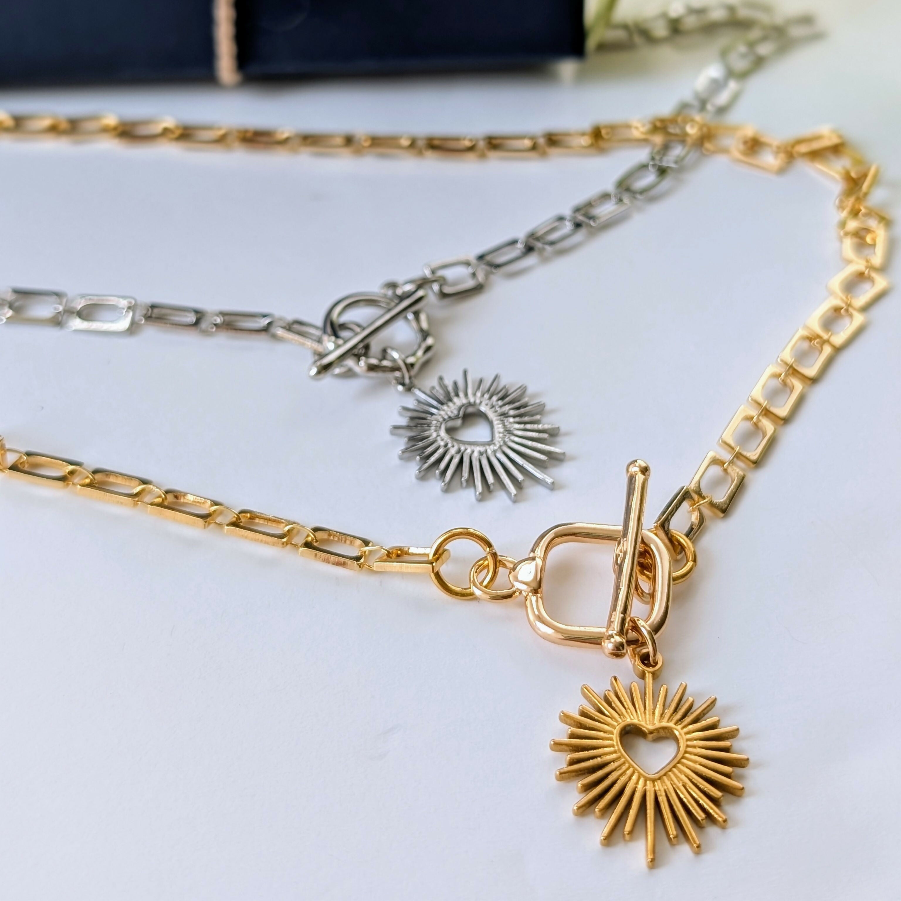 Sacred Heart Silver Toggle Necklace on Rectangular Rhodium Plated Chain