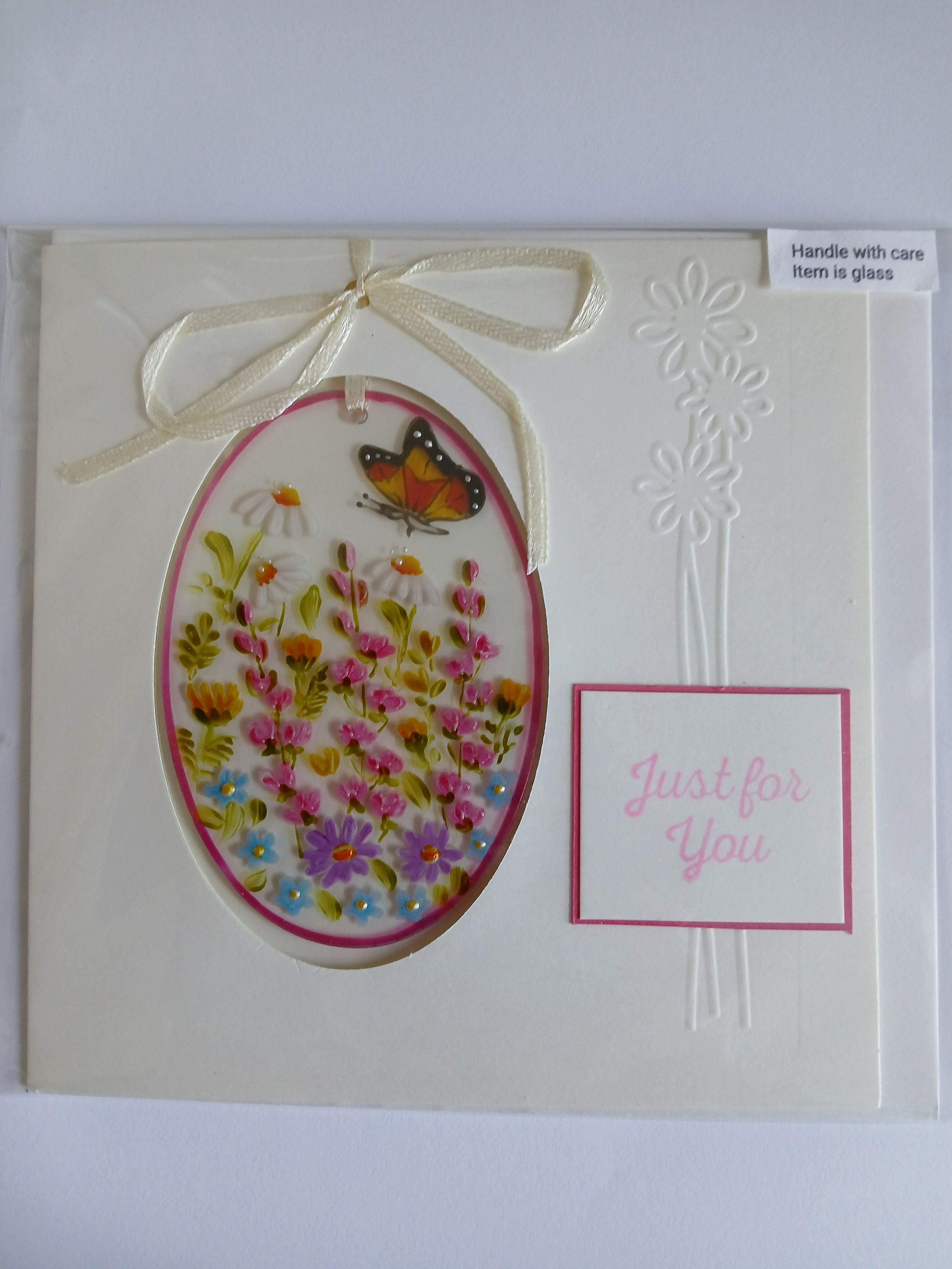 Hand Painted Glass Plaque, Suncatcher - Butterfly and Flower