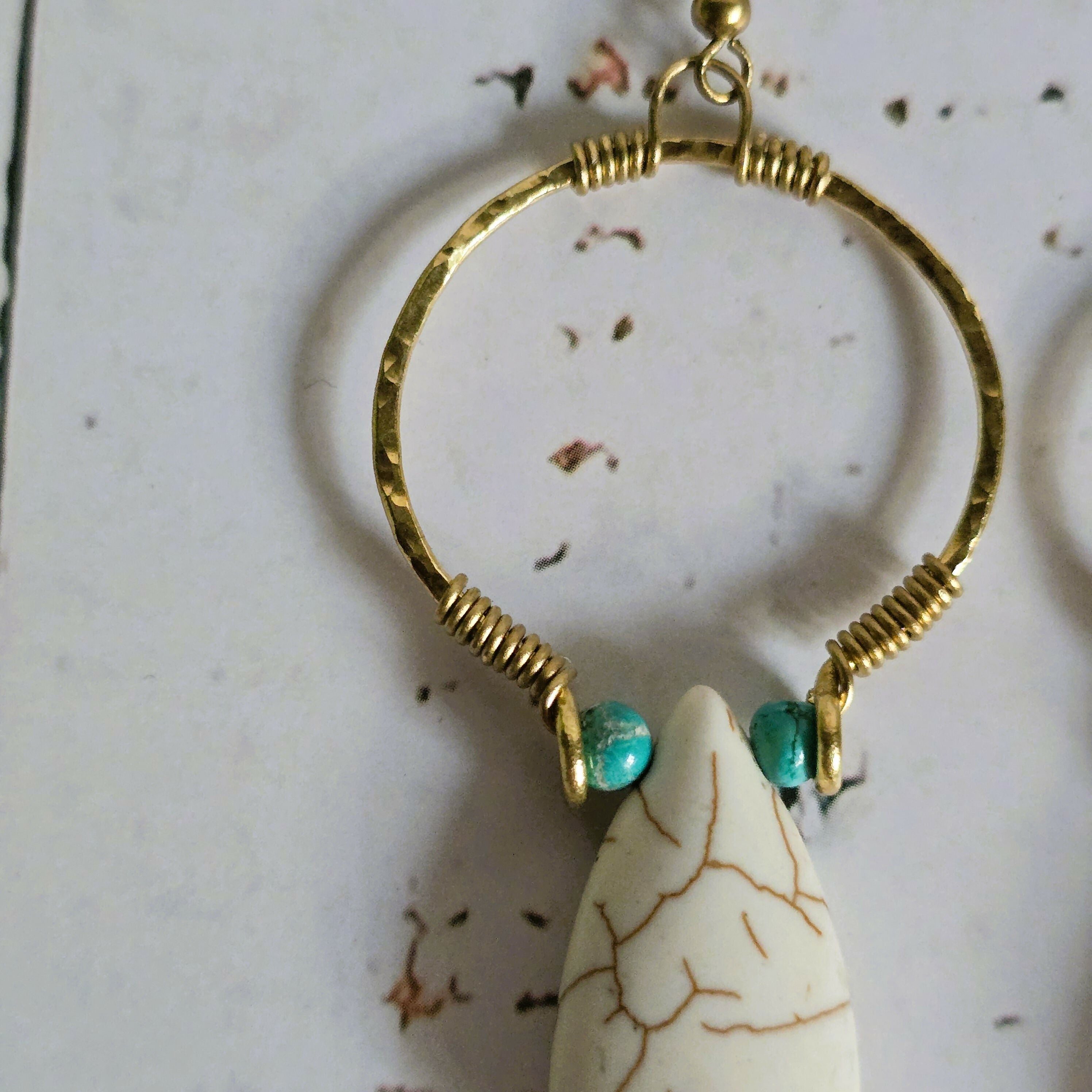 White Howlite Hoop Earrings; Hammered Brass Wire Boho Crystal Turquoise Thai Earrings