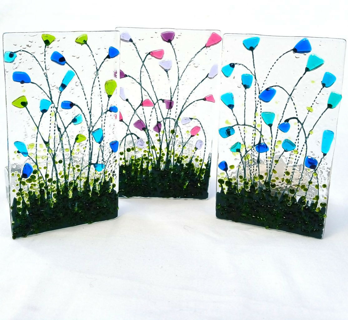 Handmade Fused Glass Tea Light Holder With Blue Flowers