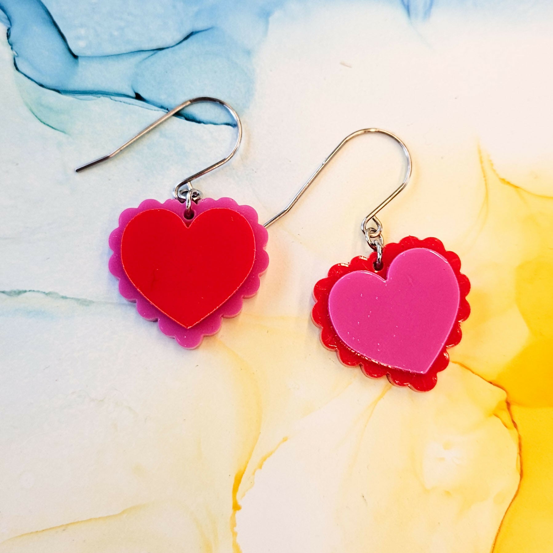 Handmade Mismatched Red And Pink Frilly Hearts Dangle Resin Earrings