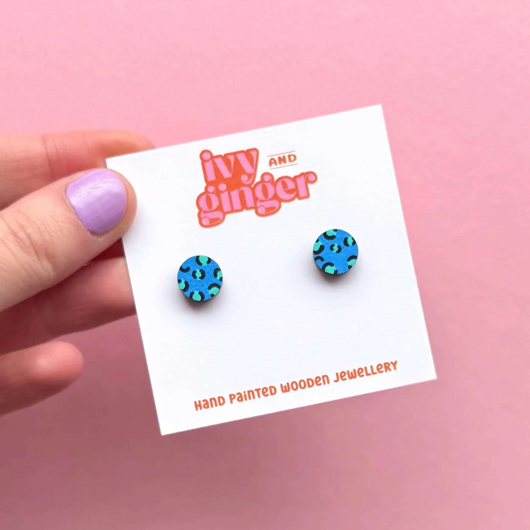 Hand Painted Blue and Teal Leopard Print Circle Stud Earrings