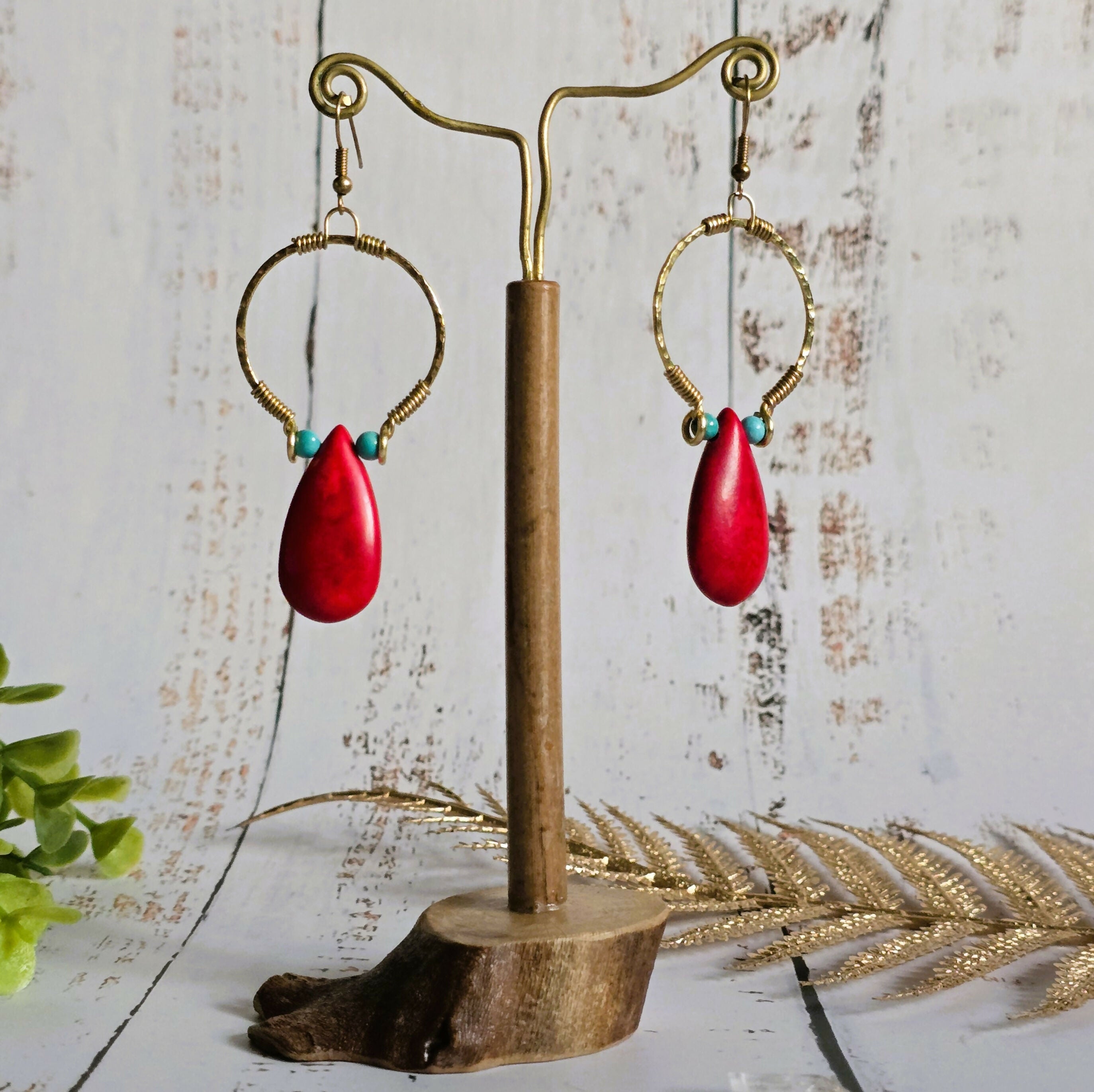 Red Howlite Gold Hoop Earrings; Hammered Brass Wire Red Crystal Turquoise Statement Earrings