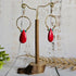 Red Howlite Gold Hoop Earrings; Hammered Brass Wire Red Crystal Turquoise Statement Earrings