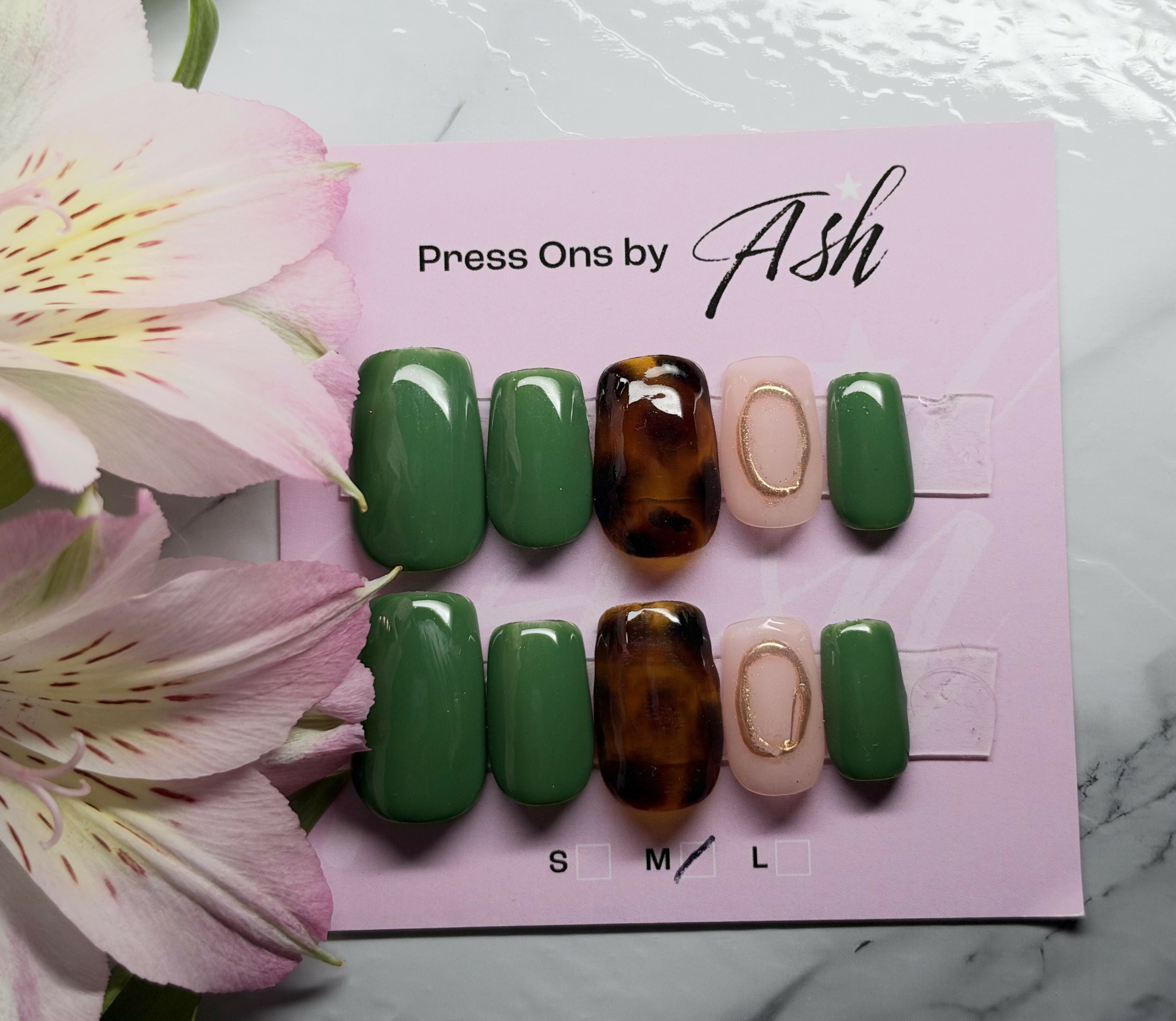 Reusable Green Tortoiseshell With Gold Detail Handmade Press On Nails